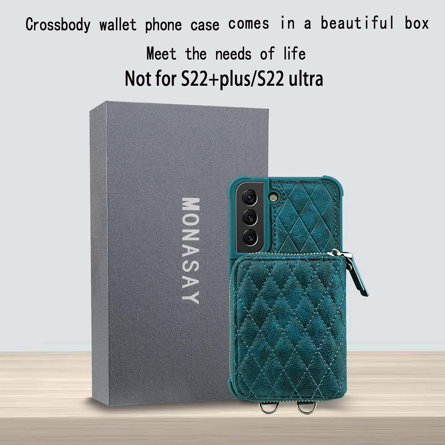 MONASAY Zipper Wallet Case Fit for Galaxy S22 5G 6.1in, [Screen Protector ][RFID Blocking] Flip Leather Handbag Phone Cover with Card Holder， Crossbody Shoulder Lanyard Strap, Dark Green