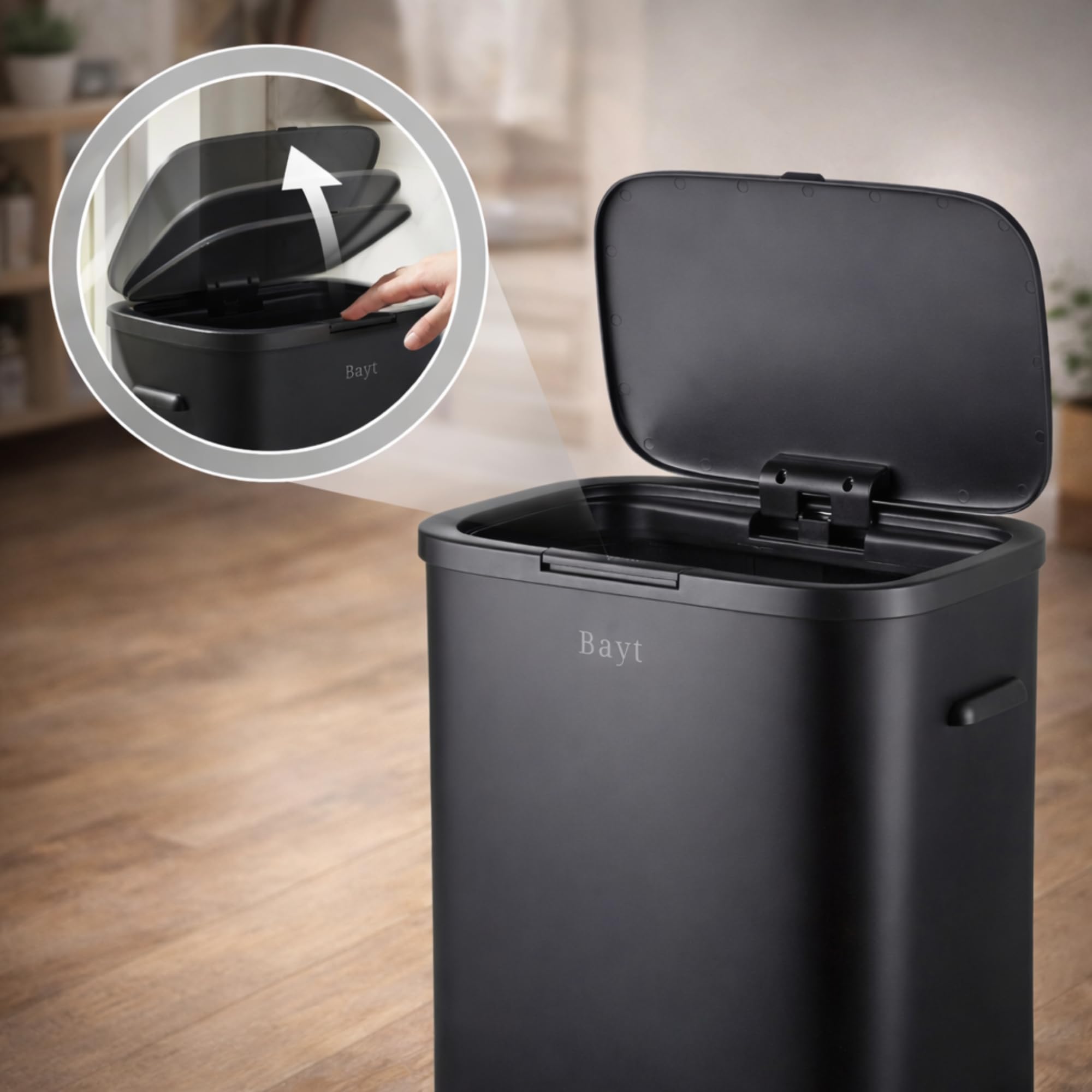 Bayt Abfalleimer mit stabilen Füßen - passend für 60L Müllbeutel - Automatischer Sensor-Mülleimer - Küchenmülleimer - Edelstahl - Schwarz