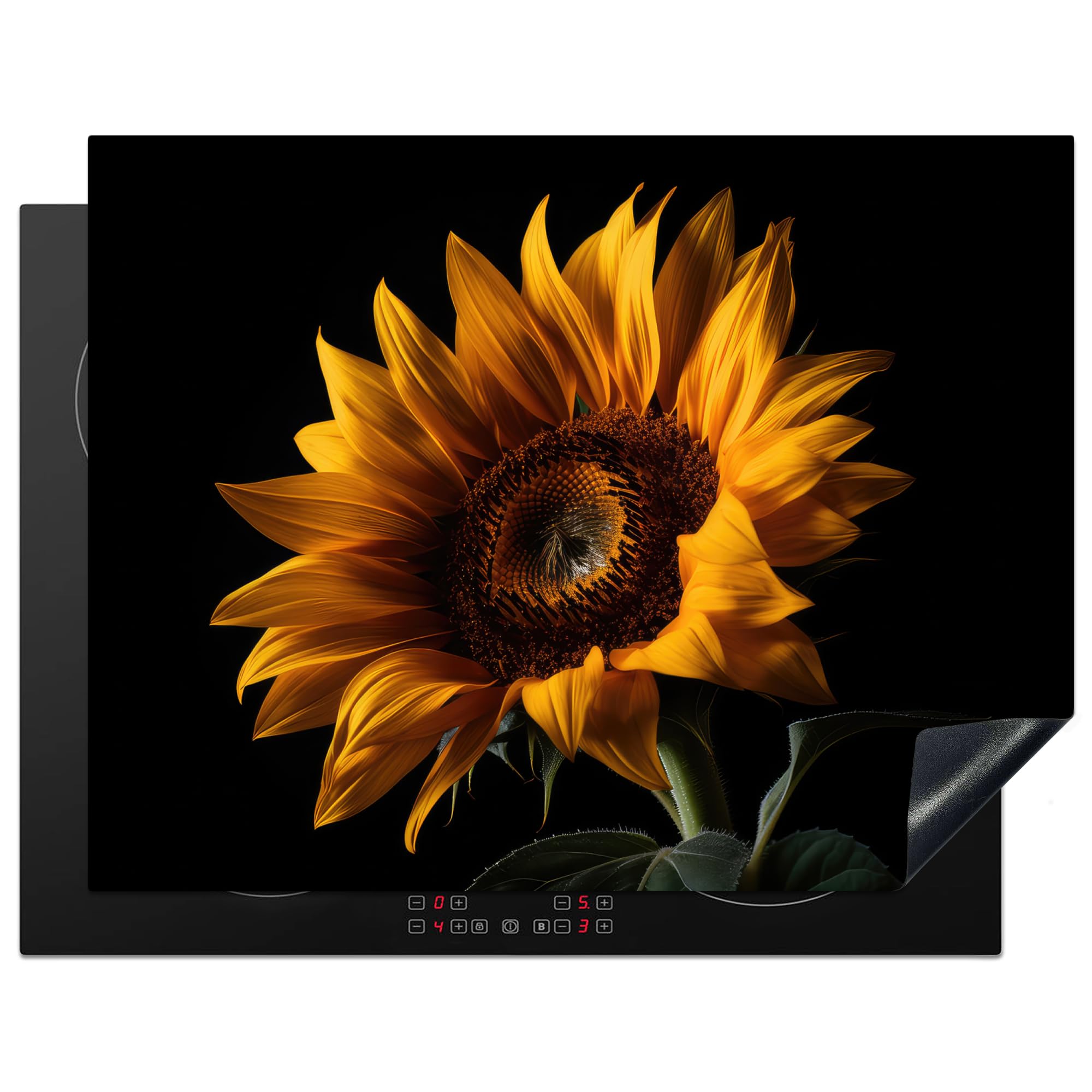 KitchenYeah© Induction Hob Protector Mat 23.2"x30.3" / 77x59 cm Cooker Top Protectors Cover Ceramic Covers Electric Hobs Vinyl Flowers - Botanical - Black - Sunflower