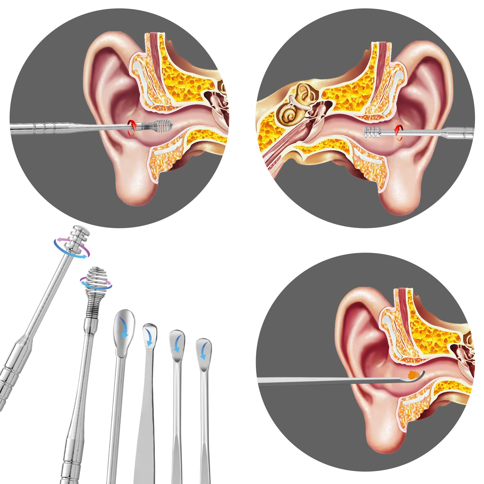 Cucchiaio per Orecchie Kit di Rimozione del Cerume Pulisci Orecchie in Acciaio Inossidabile con Scatola Portatile Argento 6 Pezzi