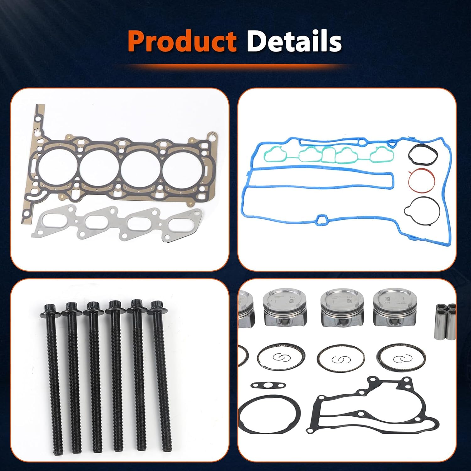 Cylinder Head Gasket Bolts Set & Pistons + Intake & Exhaust Valve Fits for 2013-2016 Encore 1.4L, for 2011-2015 Cruze 1.4L,for 2013-2016 Sonic/Trax 1.4L Turbo DOHC 16-Valve Engine