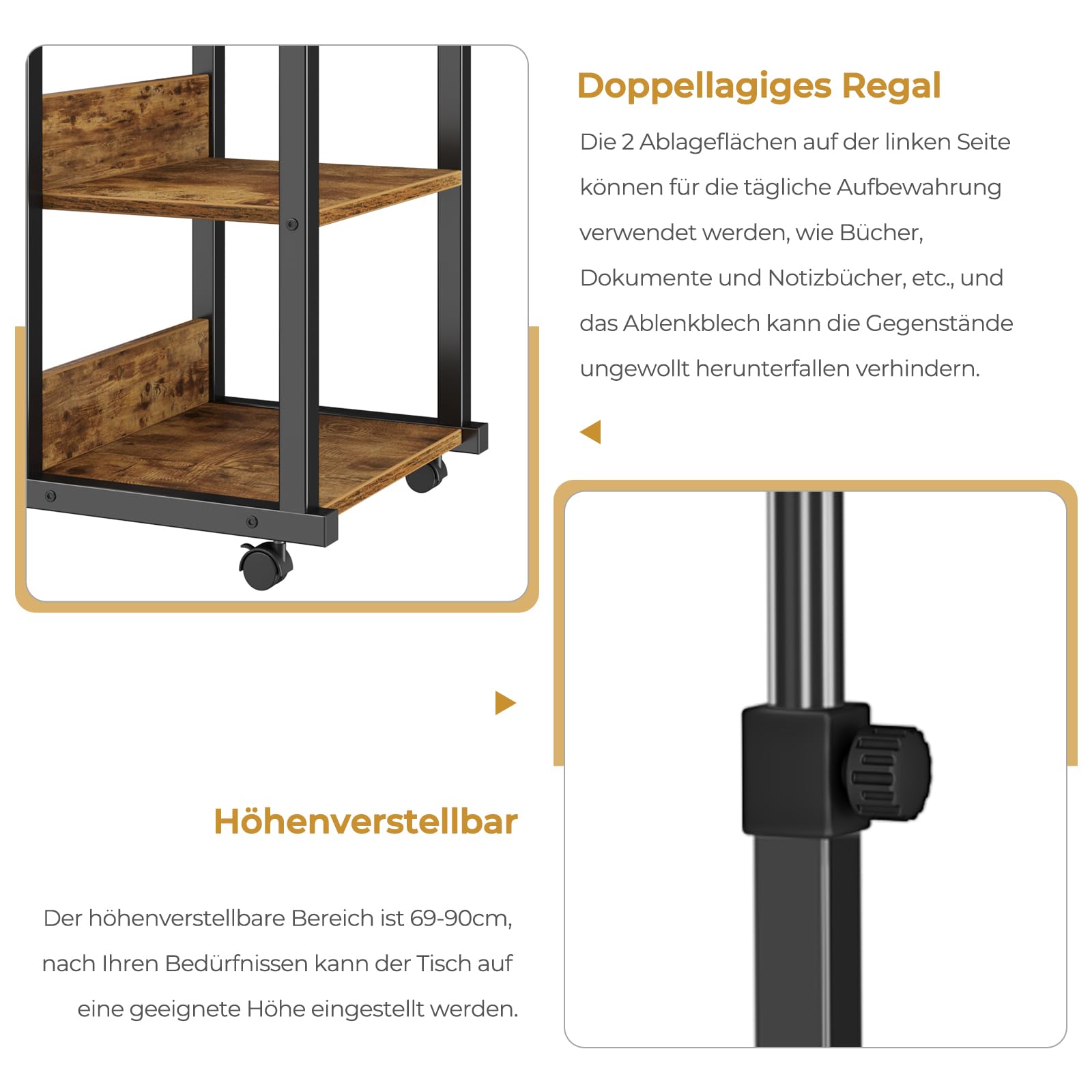 Dripex Mesa Auxiliar con Ruedas para Ordenador portátil, Altura Ajustable, de Madera, para sofá, mesita de Noche, Mesa de café, Dormitorio, salón, Retro