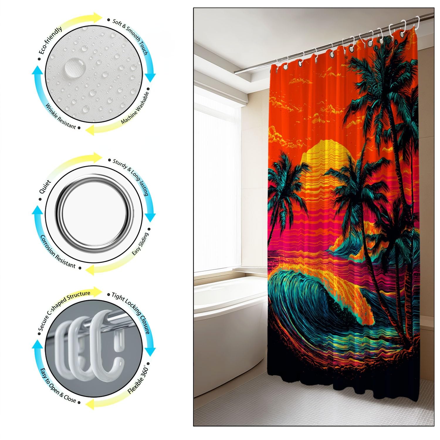 Generico Arancione Tende da Doccia 240 x 200 cm Vintage Fantasia Natura Paesaggio Tenda da Doccia Impermeabile Lavabile in Poliestere con Ganci per Bagno, Vasca da Bagno