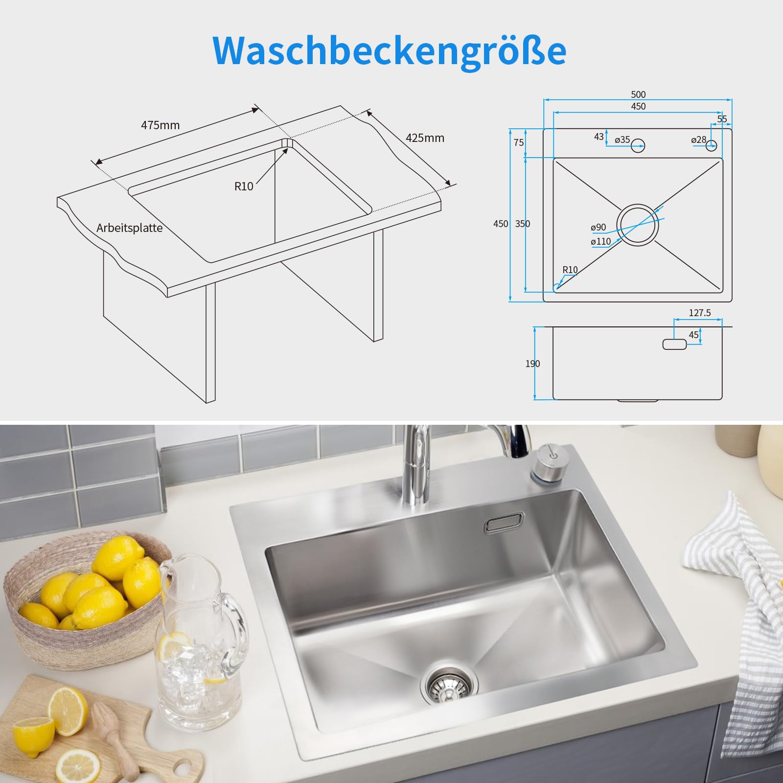 Sofetiy Max - Keukenspoelbak - Donkergrijs Roestvrij Staal, 1 Bak Voor 50 Cm Kast 50x45 Cm