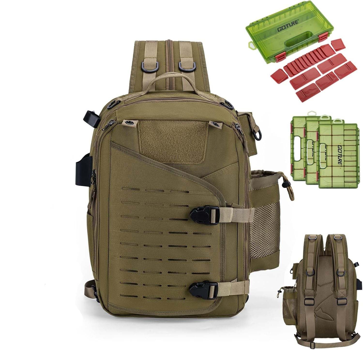 Goture Sling Tackle Bag - Borsa a tracolla da pesca, con porta canna da pesca, sistema MOLLE, spazio per esche artificiali e accessori, Cachi con 3 scatole per esche, Tracolla
