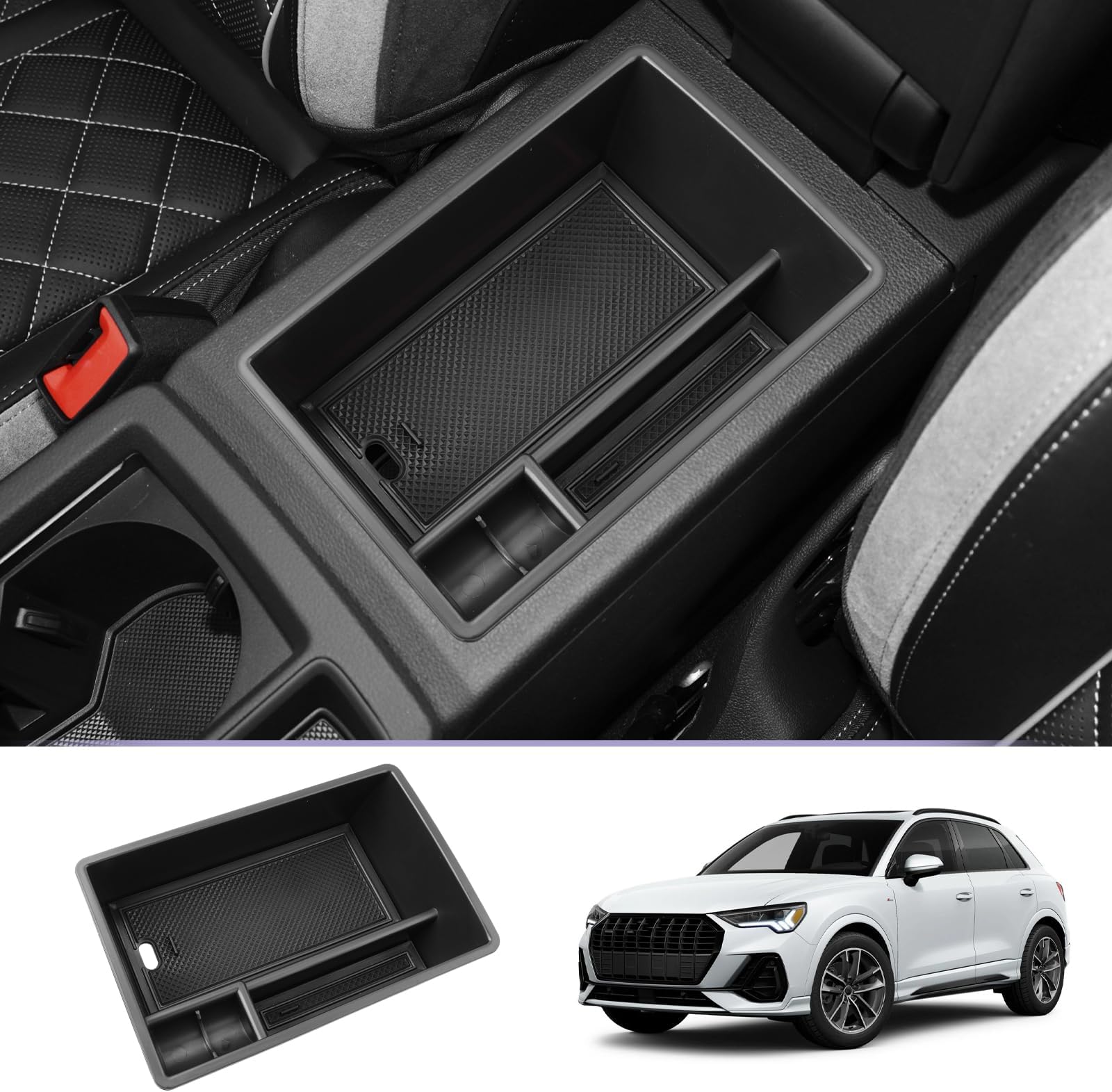 for 2019 2020 2021 2022 2023 2024 Audi Q3 Center Console Organizer 2024 2025 Audi Q3 Accessories 2024 2025 Audi Q3 F3 Armrest Console Organizer 2025 Q3 Audi Armrest Organizer Insert Tray (Black)