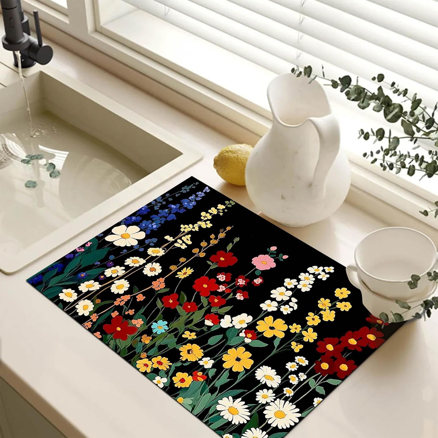 HOMETITUTE Wildflower Stove Top Cover for Electric 28x20 Inch Diatomite Kitchen Decor Glass Cooktop Protector Heat Resistant Countertop Mat with Colorful Garden Bloom Design on Black Background