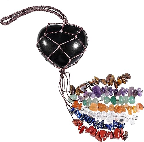 Miniatura 3 de mookaitedecor Adorno colgante en forma de corazón de obsidiana negra, 7 piedras curativas de chakras, borlas de cristal para decoración de automóvil