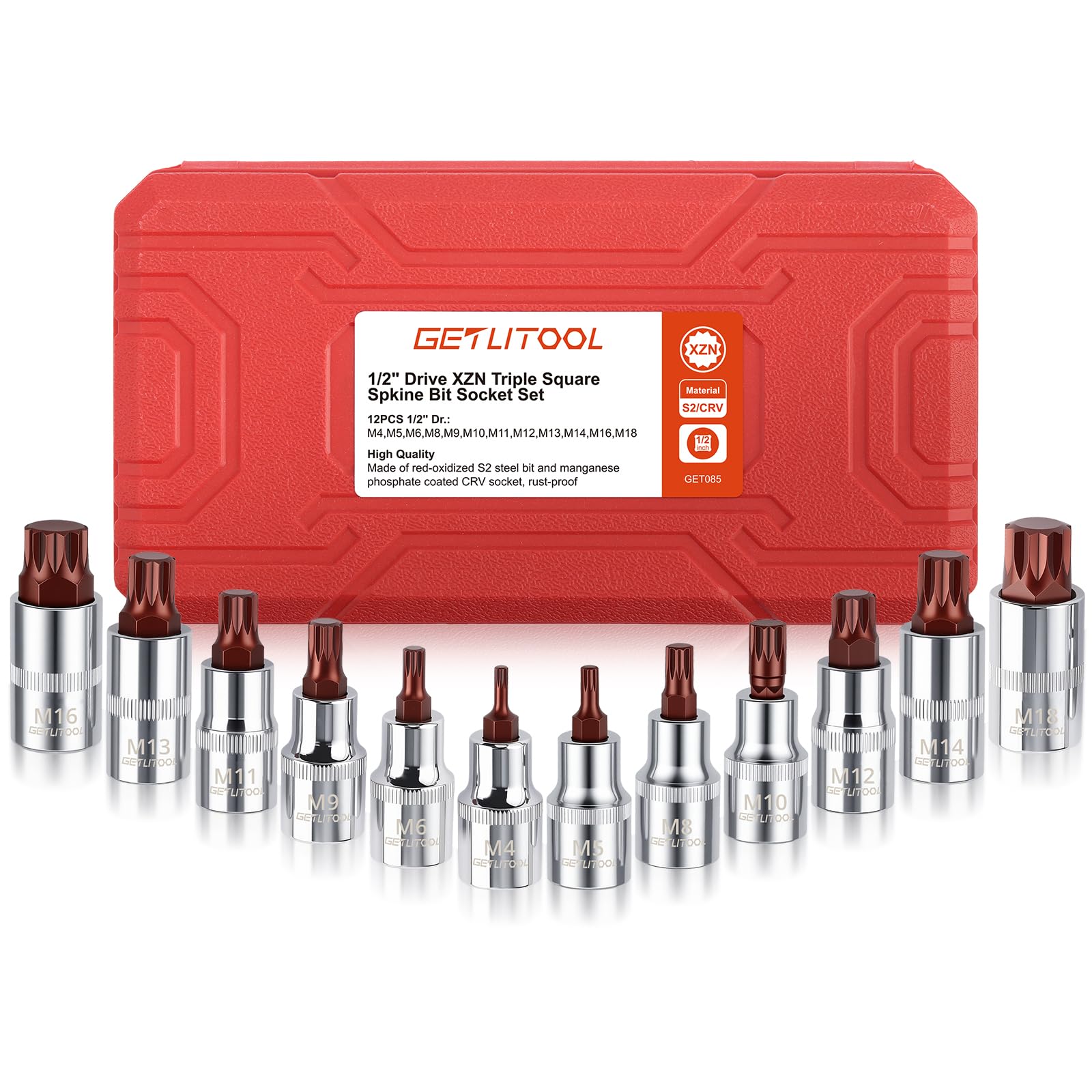 GETLITOOL 1/2 Inch XZN Triple Square Spline Bit Socket Set, 12PCS Premium S2 Steel Allen Bit Socket Set M4 M5 M6 M8 M9 M10 M11 M12 M13 M14 M16 M18 with Storage Case for Garage, Car & Truck Repair