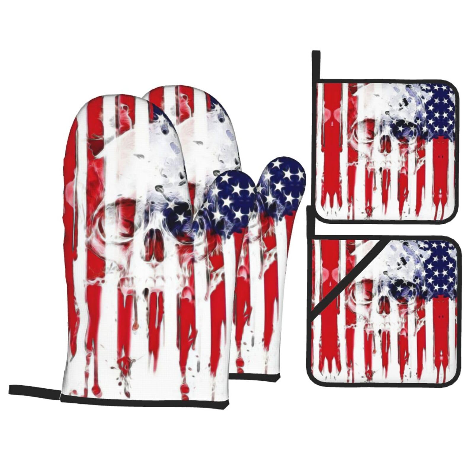 American Flag Skull Print Stylish 4-Piece Microwaving Oven Waterproof Kitchen Gloves Baking Holiday Cooking
