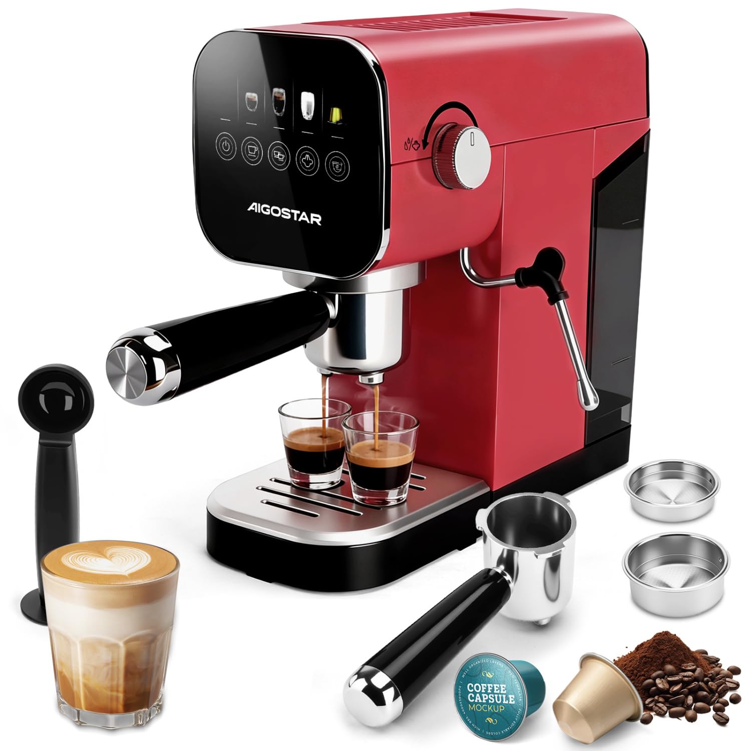 Aigostar Capsule & Ground Espresso Coffee Machine 20Bar, Milk Frother Wand, Digital Touch Panel, Professional Coffee Machine for Espresso, Cappuccino & Latte, 1/2 Cup, Stainless Steel, 1350W, Red