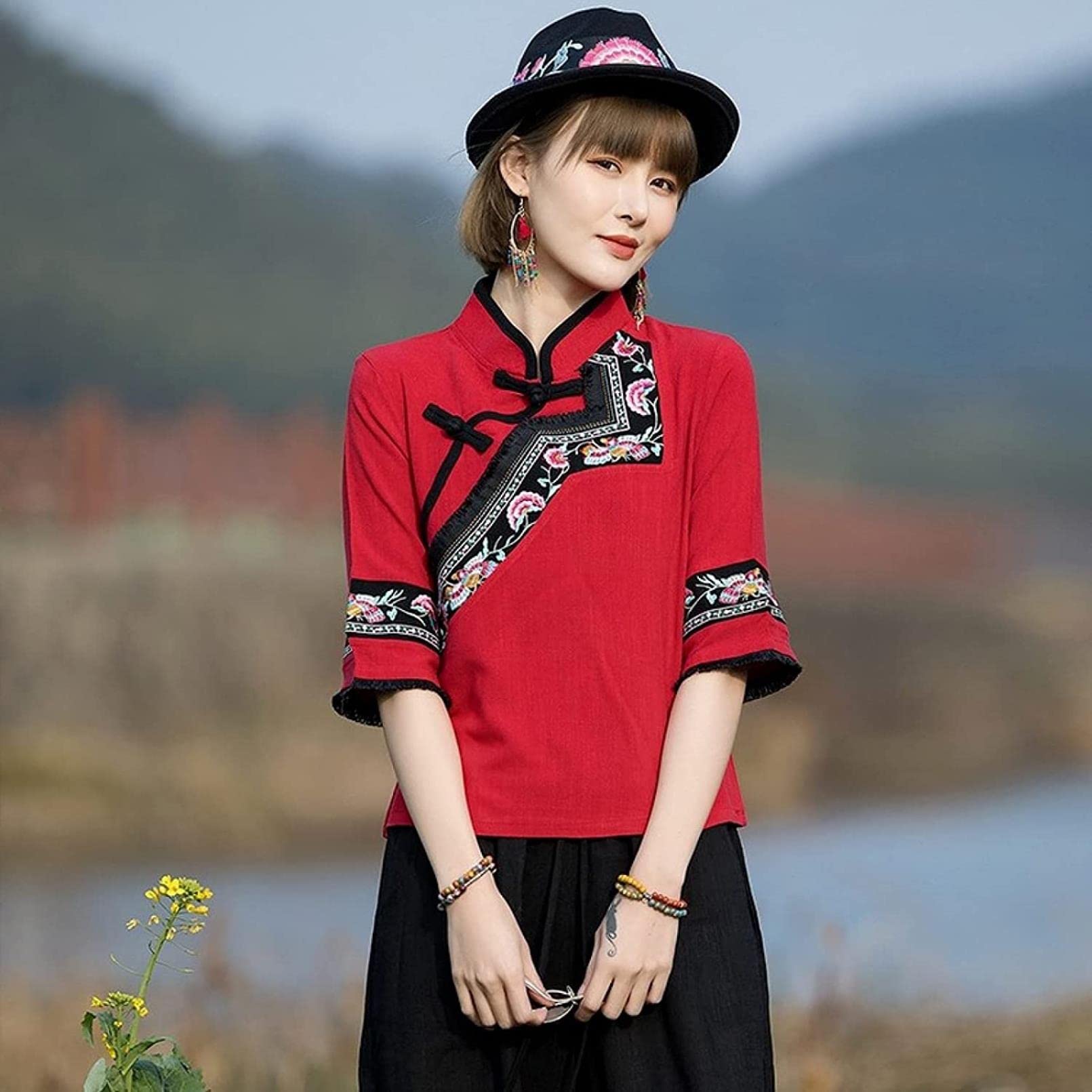 Abbigliamento in Stile Cinese Donna Etnico Cotone Lino Top Estate Manica Corta Camicetta Donna Hanfu (XL, Rosso) (Rosso L)