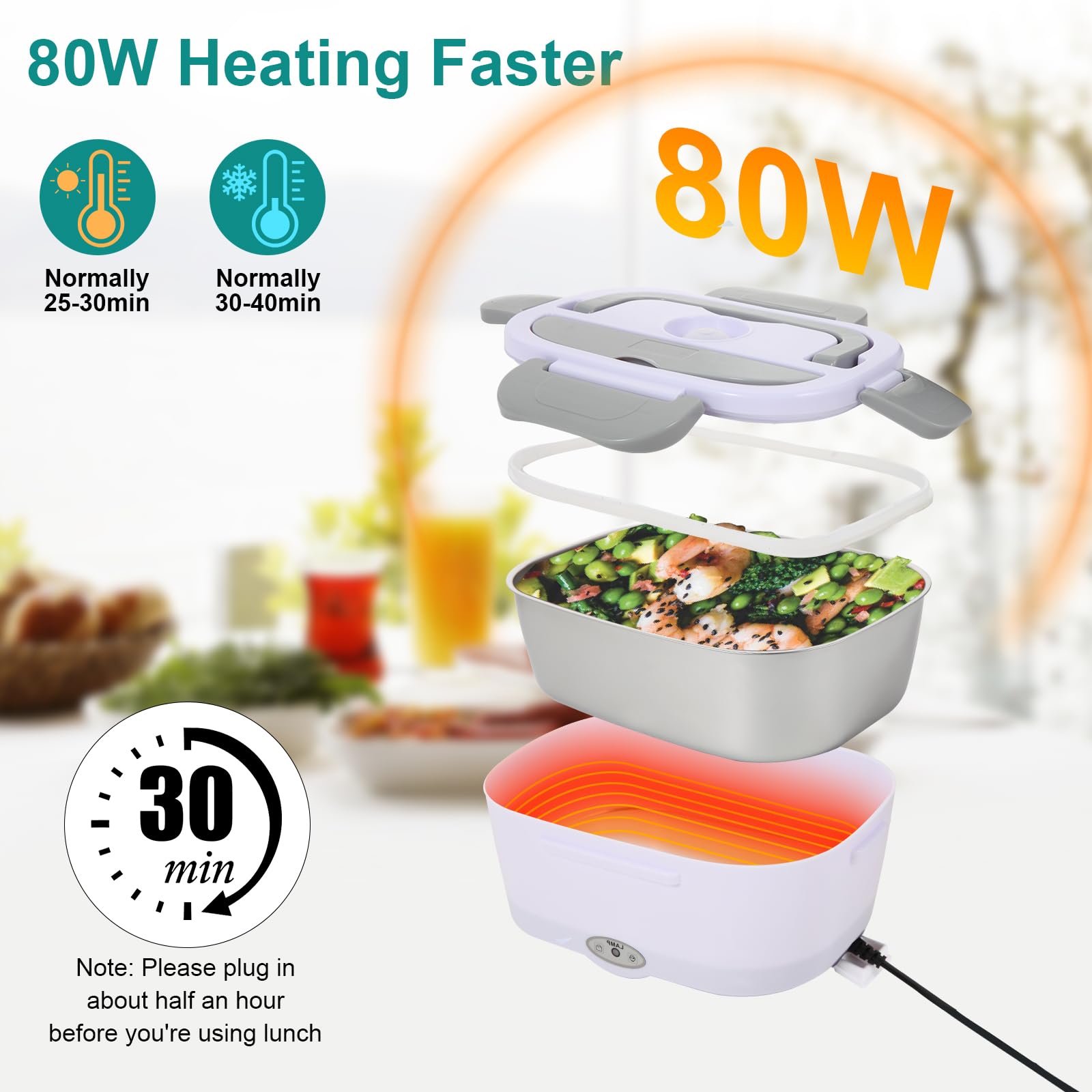 SOHIDA Fiambrera eléctrica para alimentos, color blanco | 80 W, 12 V, 24 V, 110 V, portátil para el trabajo de coche, camión, contenedor extraíble de acero inoxidable 304