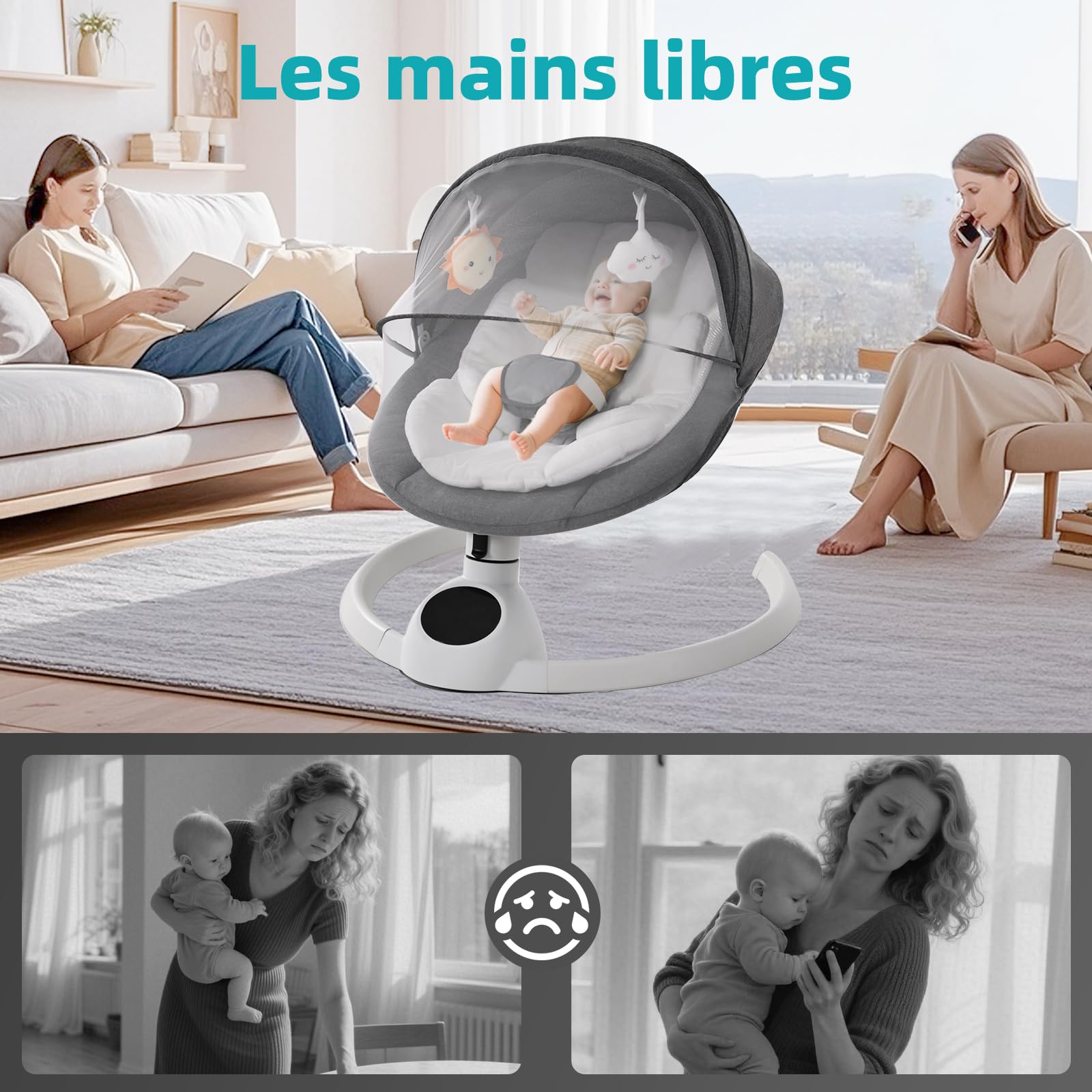 Balancelle Bébé Électrique jusqu'à 9 kg, Pliable Bluetooth, 5 Vitesses, Minuterie 3 Niveaux, Télécommande