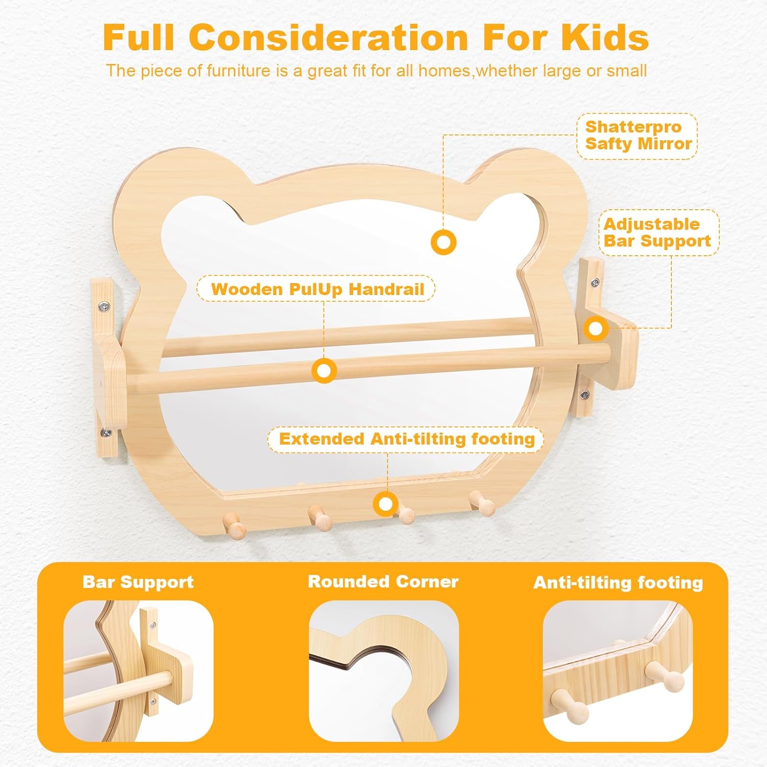 Montessori Toddler Mirror with Hooks and Bar, Adjustable Wooden Bear-Shaped Kids Mirror for Self-Discovery, Classroom & Home Use in Daycare, Preschool, Homeschool