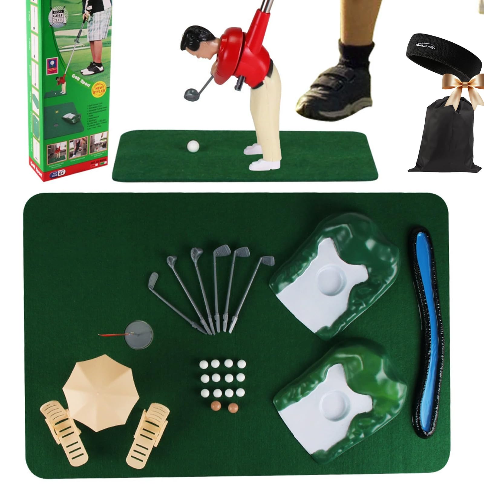 Qosneoun Tiny Golfer Play Kit for Family Fun, Mini Golf Game Set, Funny Tiny Golfer Putting Mat, Indoor Outdoor Educational Family Game Toys, Practice Golfing Man Training Game Gifts (Red)