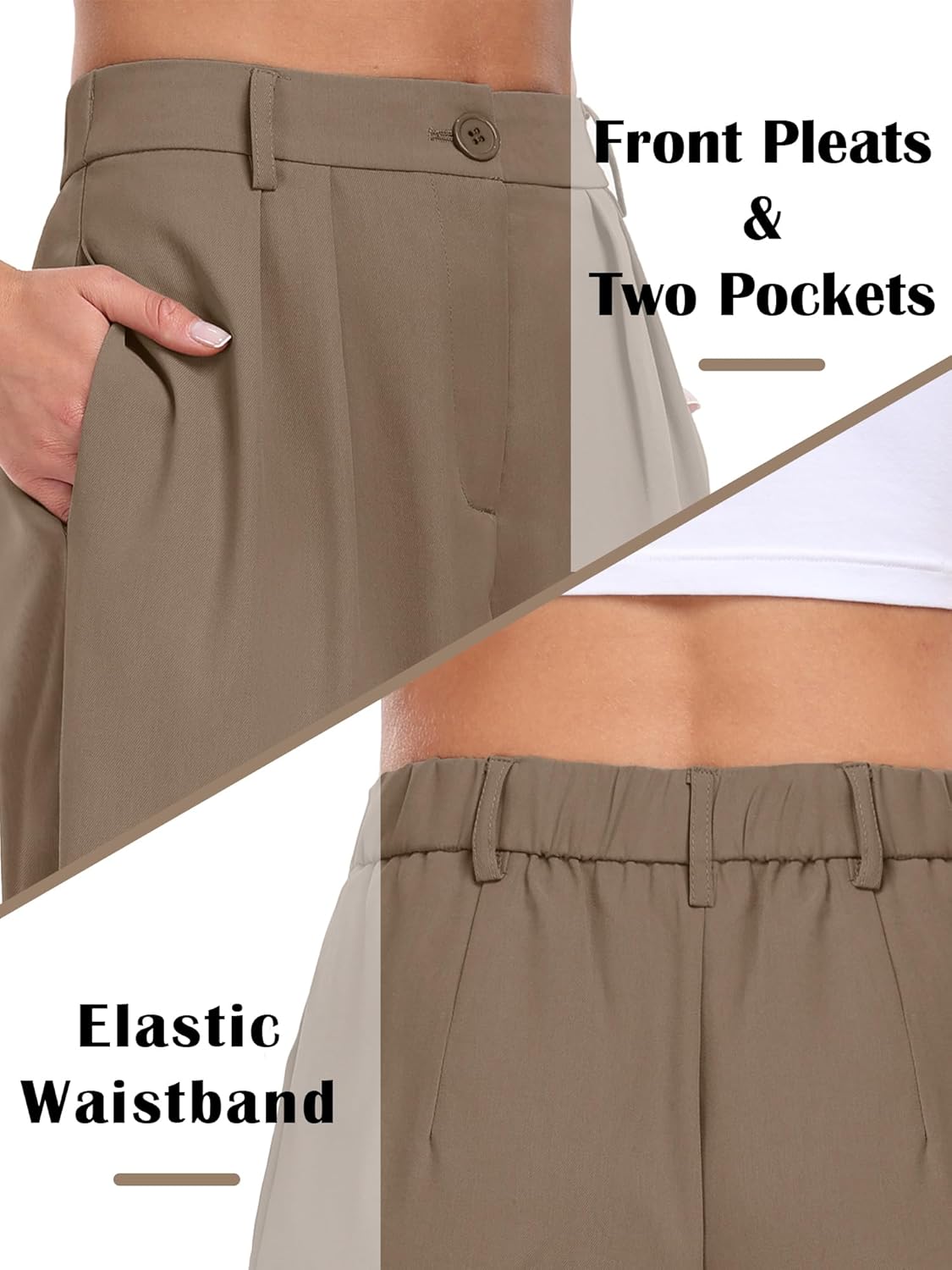 ELLEVEN Women's Casual Wide Leg Dress-Pants, High Elastic Waisted in The Back Business Flowy Trousers with Pockets - Image 4