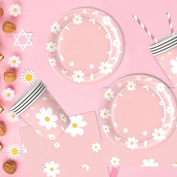 Bikasun Daisy Party Tableware Set for 16 Guests Pink Flowers Decoration