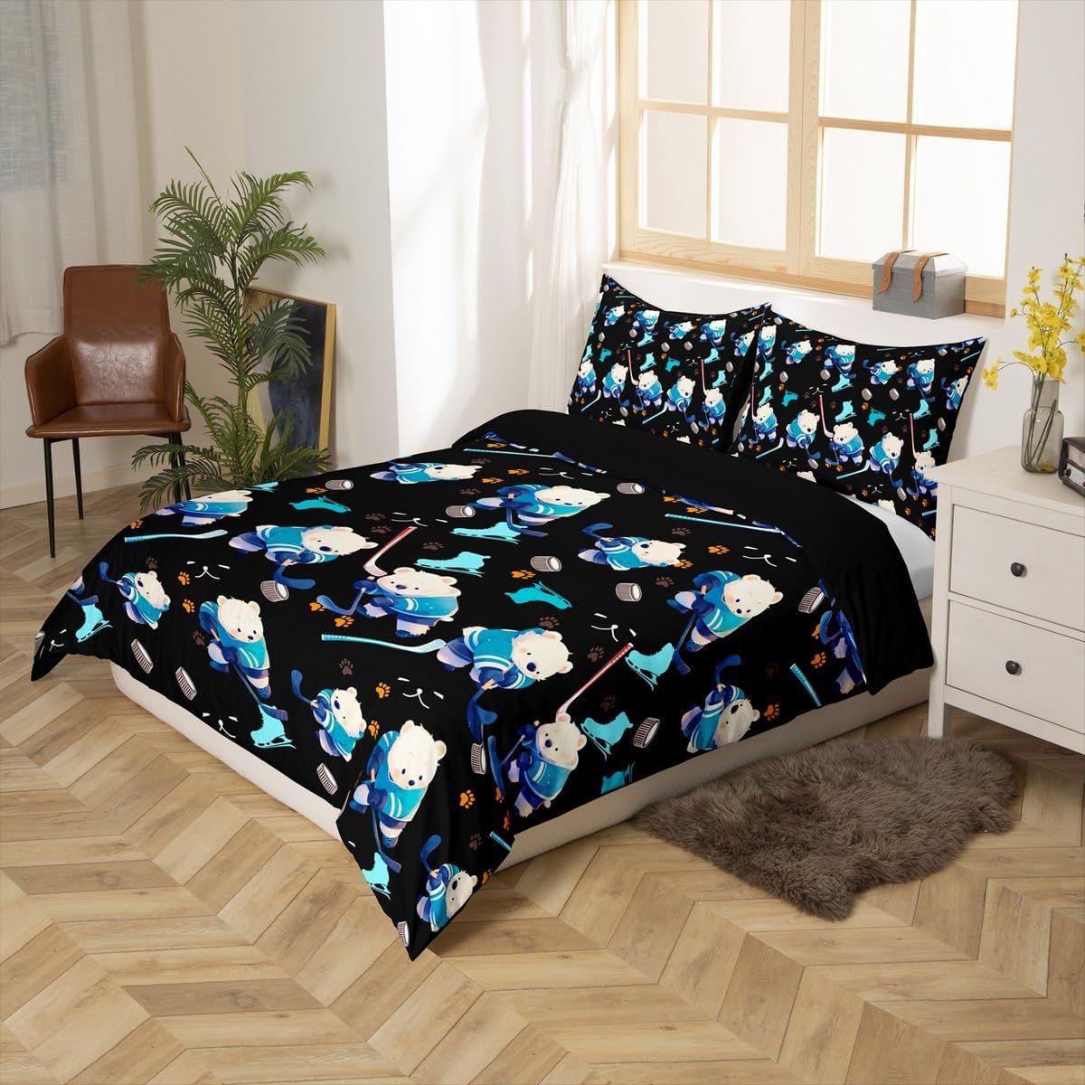 Kawaii Polar Bear Duvet Cover Set Toddler Size,Winter Ice Hockey Skate Sports Games Bedding Set,Boys Girls Room Decor,Cartoon Animal Paws Print Comforter Cover,Black Quilt Cover,1 Pillowcase,No Filler