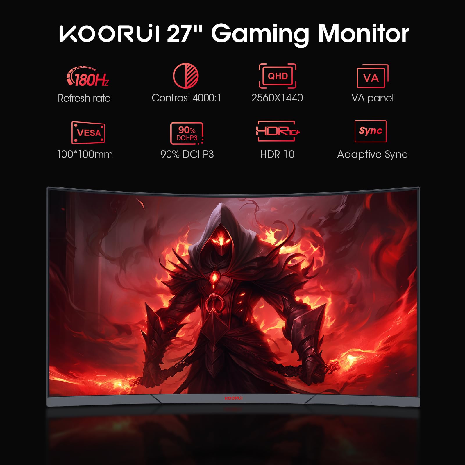 KOORUI 27'' Ecran PC Gaming Incurvé 1500R, Moniteur PC Dalle VA, Résolution QHD (2560X1440), 180HZ,1MS, DCI-P3 85%, Lunette Ultra-Mince, Inclinaison réglable, Prend en Charge HDMI/DP - 2