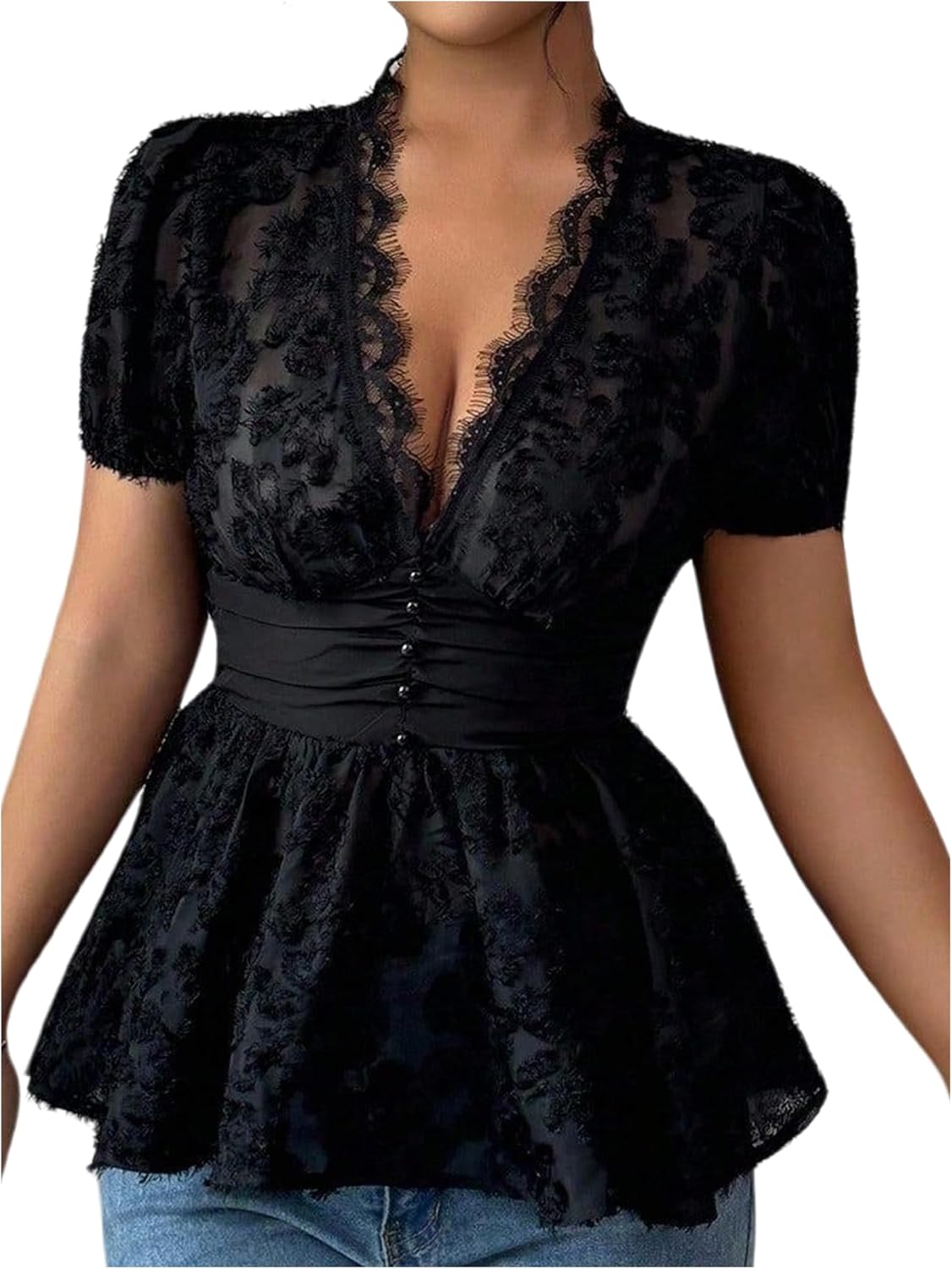 SweatyRocks Women's Short Sleeve Deep V Neck Sheer Lace Button Ruched Ruffle Peplum Shirt Top Blouse