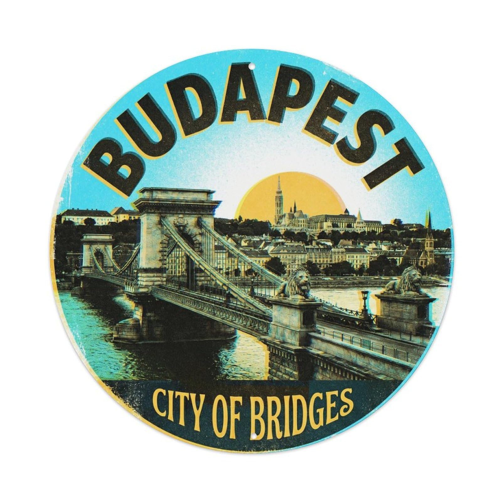 Yrnq Vintage Style Vintage Travel Budapest Bridge Hungary Vintage Metal Tin Sign Plaque Wall Decor For Cafe, Club, Garden Round Metal Poster 8X8inch