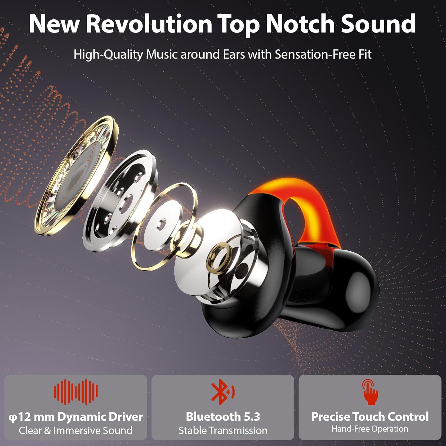 Jiunai Wireless Earbuds for iPhone 17 16 15 Bluetooth 5.3 Headphones Bone Conduction Headphones Flash Light Bud Sweatproof Clip On Earphones for Samsung S26 Ultra S25 Run Travel Gym Black Orange