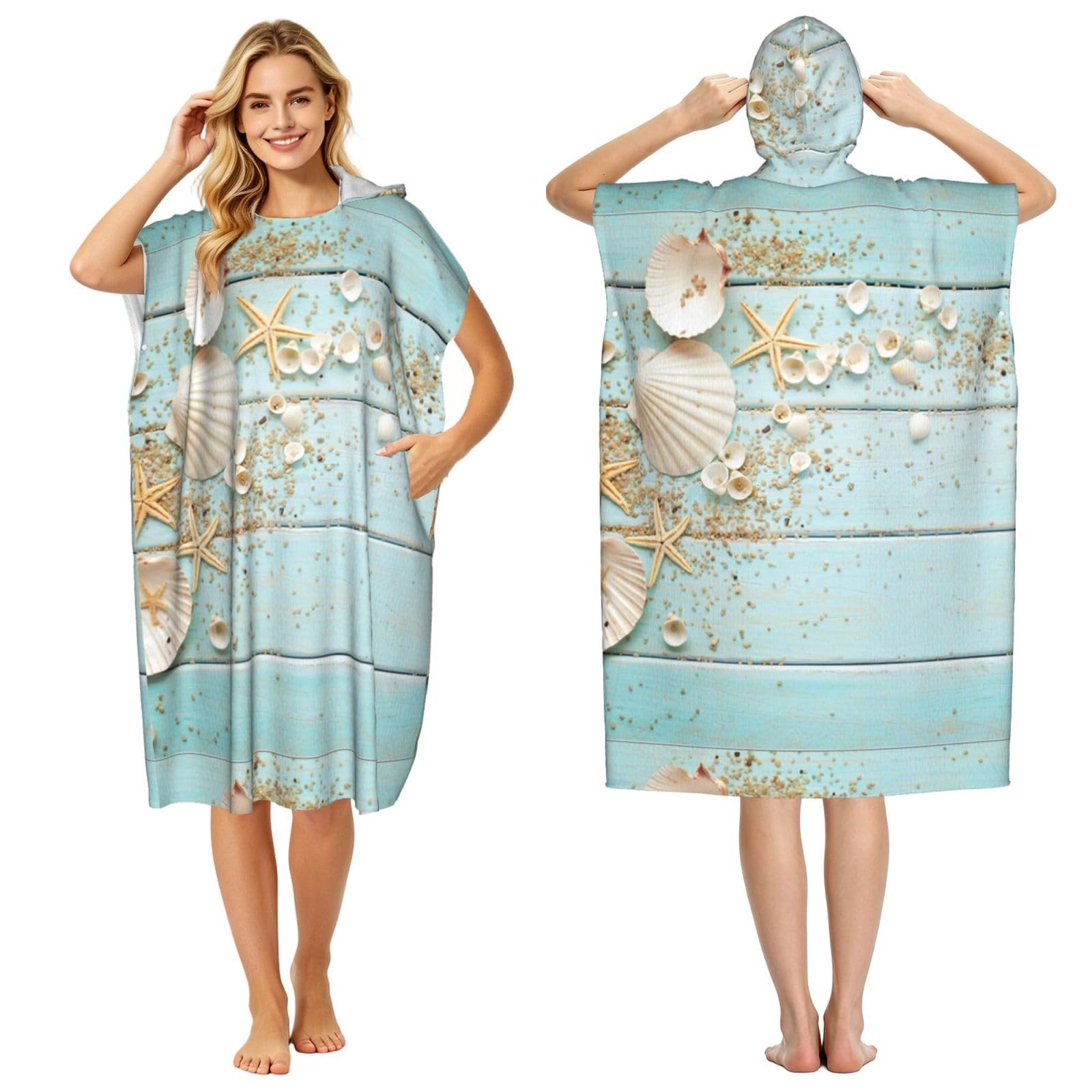 Poadnly Beach Shell Sea Starfish, Adult Hooded Beach Towel 90 x 110 cm,Changing Bath Robe, Surf Poncho Towel For Women Men