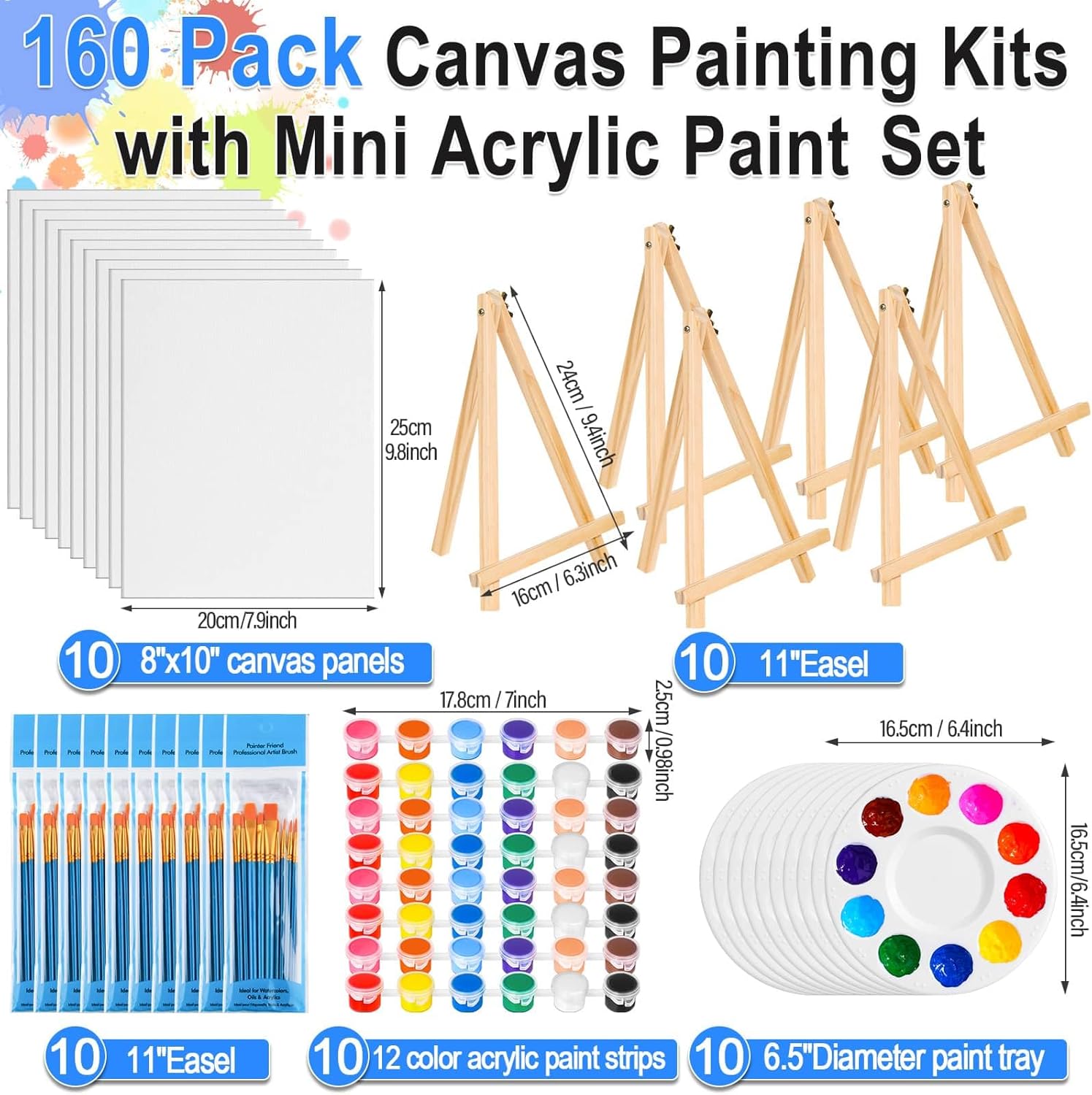 shynek 150pcs Painting Supplies Kit for Adults, 8 * 10In Canvas Boards with Easel Stand, 12 Colors Acrylic Paint Set, Artist Paint Brushes Set, Paint Trays, Sip and Paint Kit