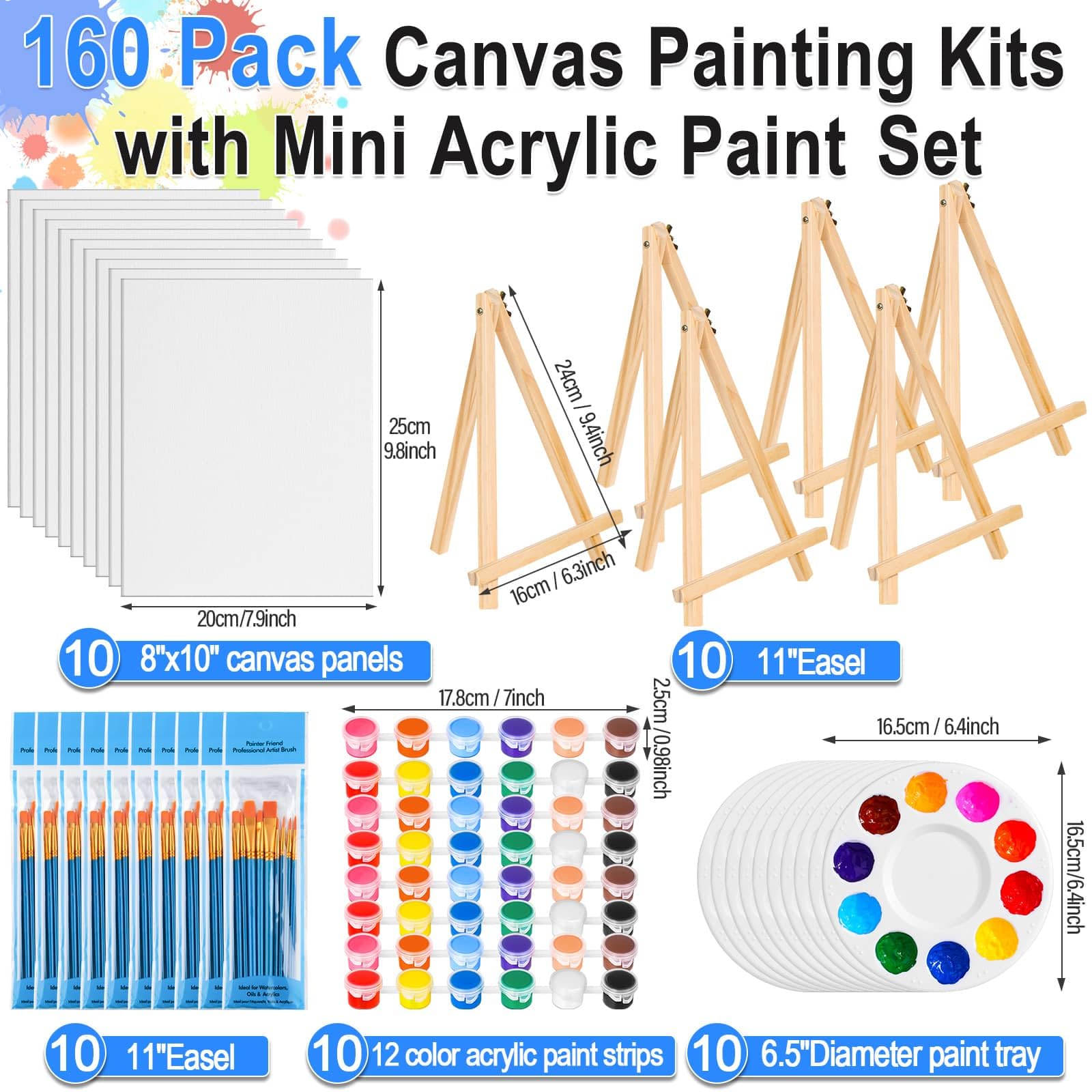 Paquete de 10 tableros de lienzo de 8 x 10 pulgadas para pintar, lienzo con pigmento acrílico para pintar con caballete de 9.5 pulgadas, kit de pintura en lienzo artístico