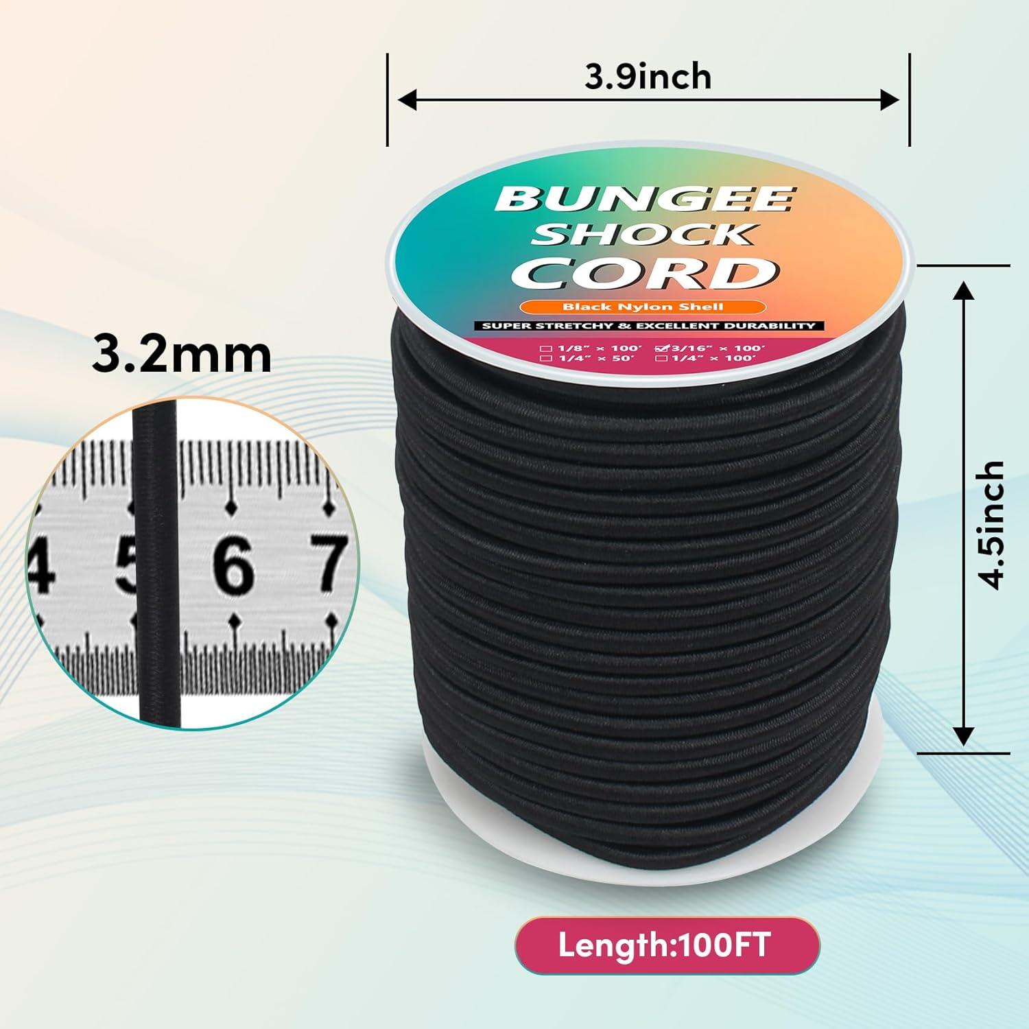 3/16" x 100' Bungee Shock Cord Strong Bungee Cord Roll Black Kayak Bungee Cord Elastic Nylon Cords for Camping, Tents, Cargo, Awning Kayak Stretch String Rope, Marine Grade