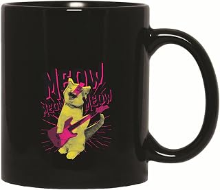 Metal Cat Gift for Pet Lovers Illustration of Cat Playing Guitar with Meow Background 11oz 15oz Black Coffee Mug