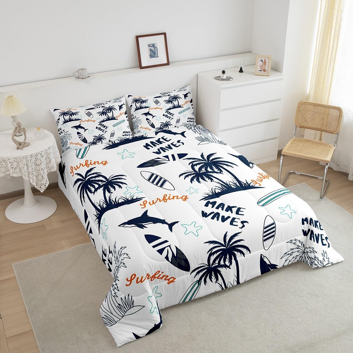 Feelyou Palm Tree Comforter Set Soft Summer Ocean Surfing Bedding Set Hawaiian Tropical Sea Beach Quilted Duvet Bed Set with Comforter for Boys (Full, 3 Pieces) Boys