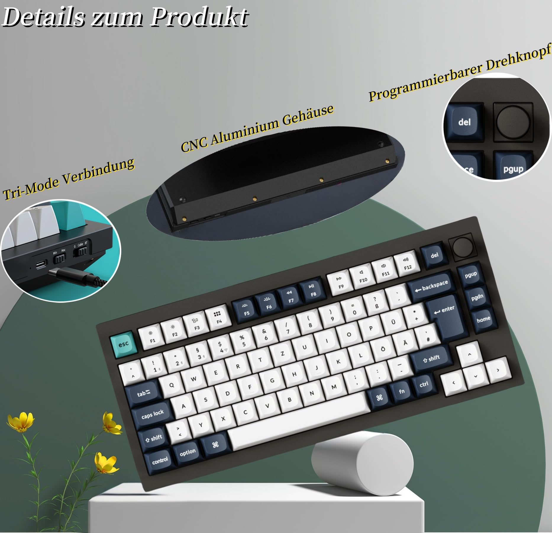 Keychron Q1 Max QMK/VIA Custom Mechanische Tastatur, 82-Key DE-ISO Layout Full Metal Programmable Knob,2.4 GHz/Bluetooth/Wired RGB Hot-Swappable Gateron Brauner Switch für Mac Windows Linux