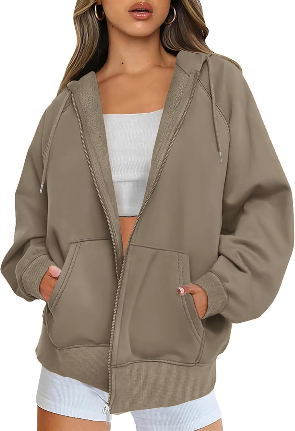 Jhsnjnr Womens Sweatshirt with Pockets Long Sleeve Hooded Fleece Jacket Warm Oversized Zip Up Hoodie