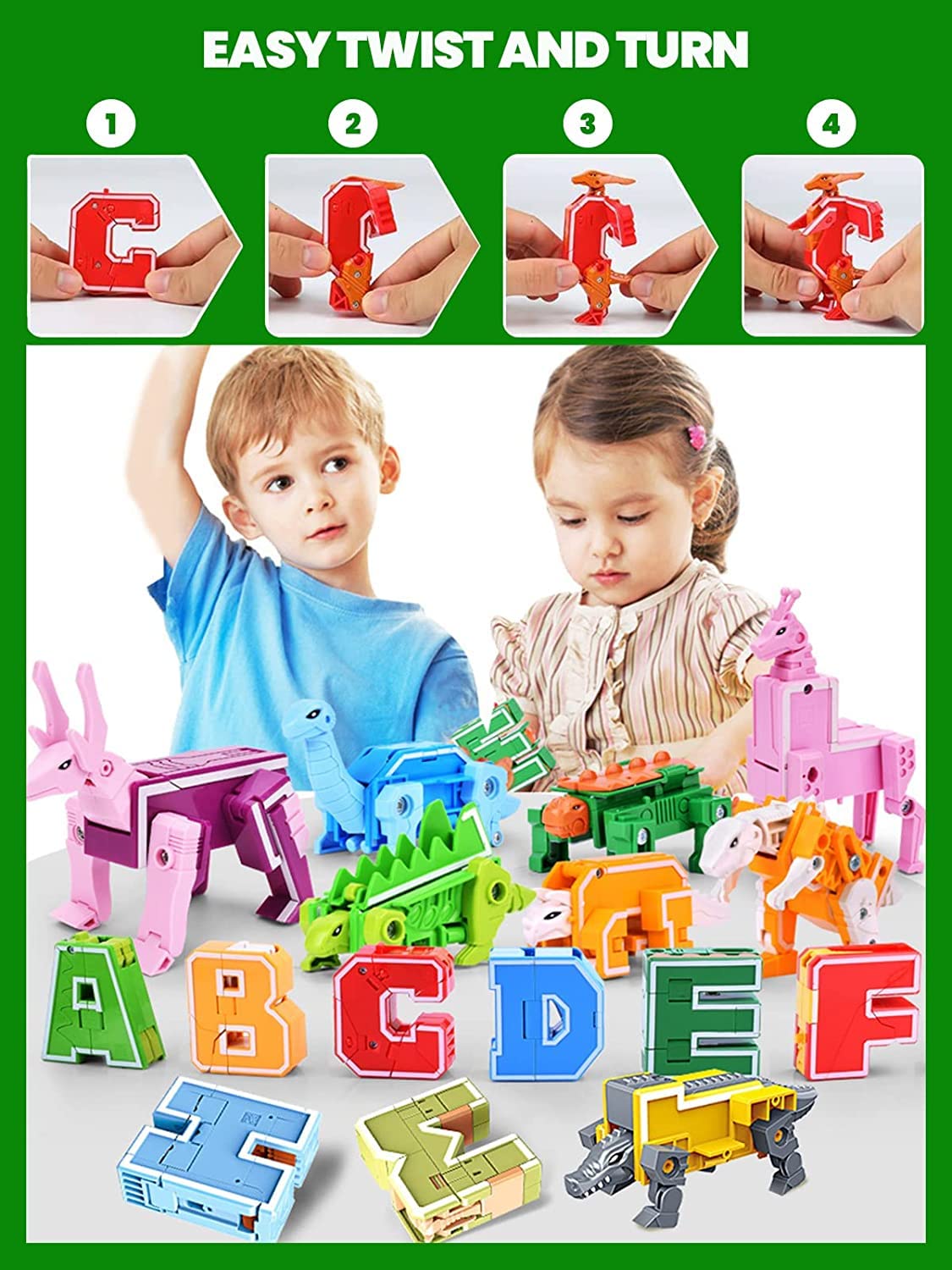 OBEST 26 sztuk robotów alfabetowych, transformator liter A-Z, zabawka dla dzieci, ABC do nauki angielskiego, "zrób to sam", dinozaury / zwierzęta/roboty, zabawki edukacyjne, prezent urodzinowy dla