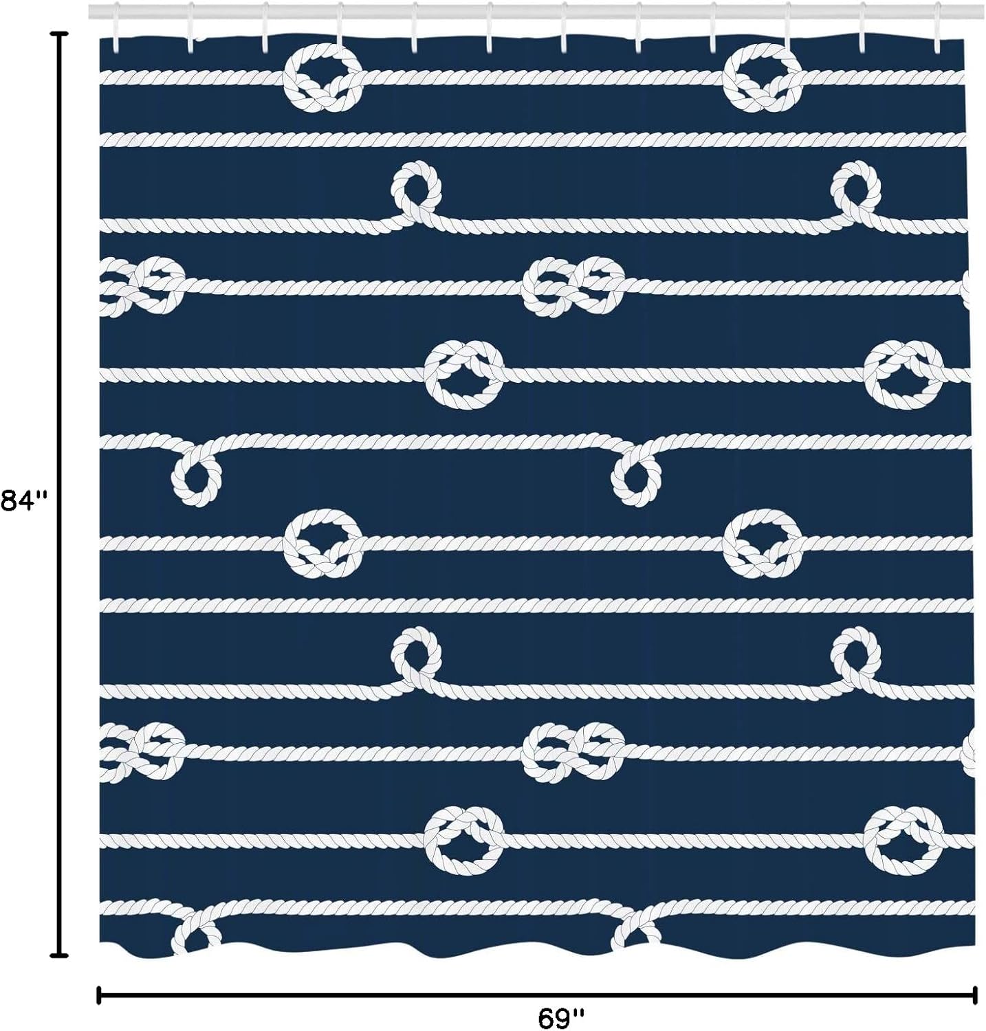 Ambesonne Navy Blue Shower Curtain, Horizontal Marine Knots Undone Bowline Sailor Sailing Theme Summer Sun Print, Cloth Fabric Bathroom Decor Set with Hooks, 69" W x 84" L, White and Blue