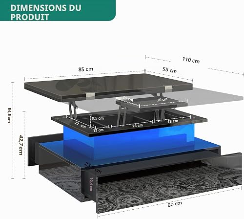 YITAHOME Coffee Table with Lift Top,60x60x45cm, High Glossy Lift up Coffee Table with LED Light String and 2 Drawers, Modern Wooden Square Tea Table for Living Room - 2