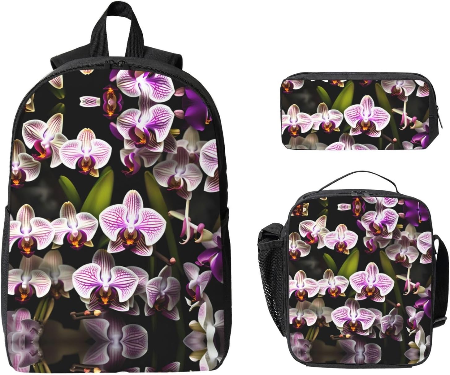 orchids print 3 Piece Backpack Bags with Lunch Box Pencil Case Set for Travel Work Camping Unisex