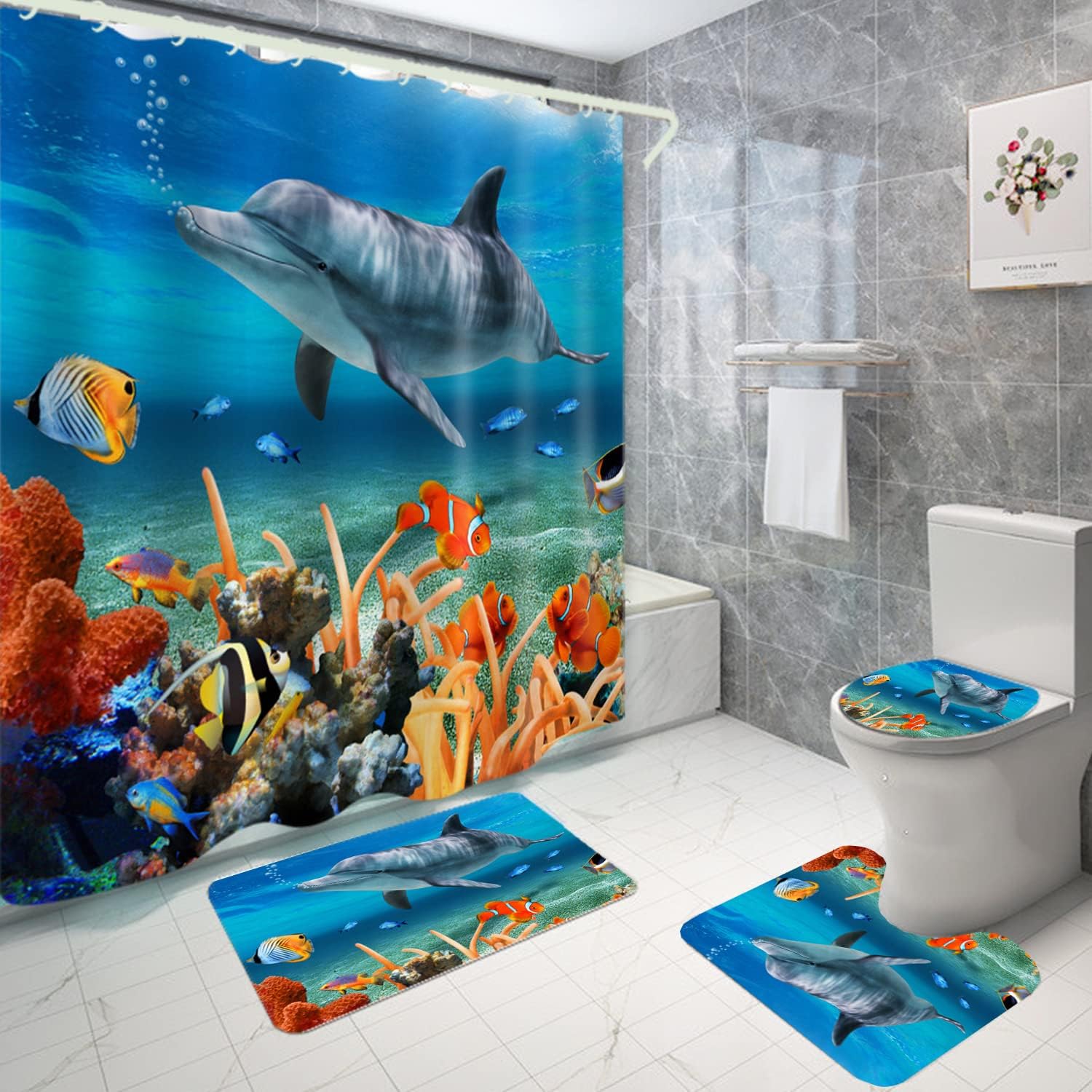 Shower Curtain and Bathroom Carpet Non-Slip Toilet Set, Home Bathtub Waterproof Shower Curtain 3D Printed Durable Polyester Fabric Four-Piece 3D Dolphin Set