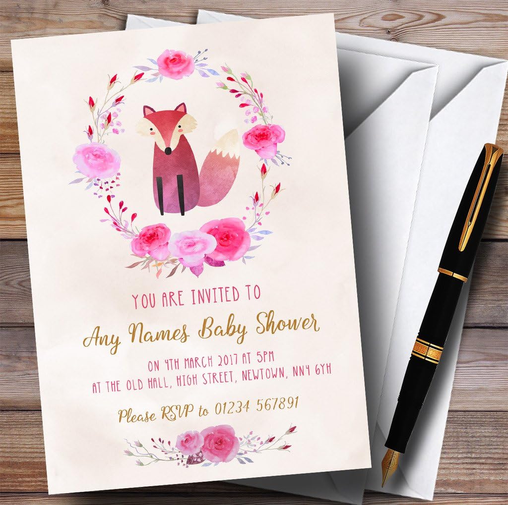 Pink Watercolour Fox Girls Invitations Baby Shower Invitations