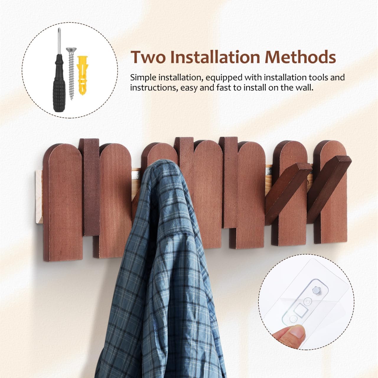 Cabilock Solid Wood Piano Key Wall Hooks 16.73 Inch Multi-Functional Coat Rack for Entryway Hats Bags Wall Mounted Organizer
