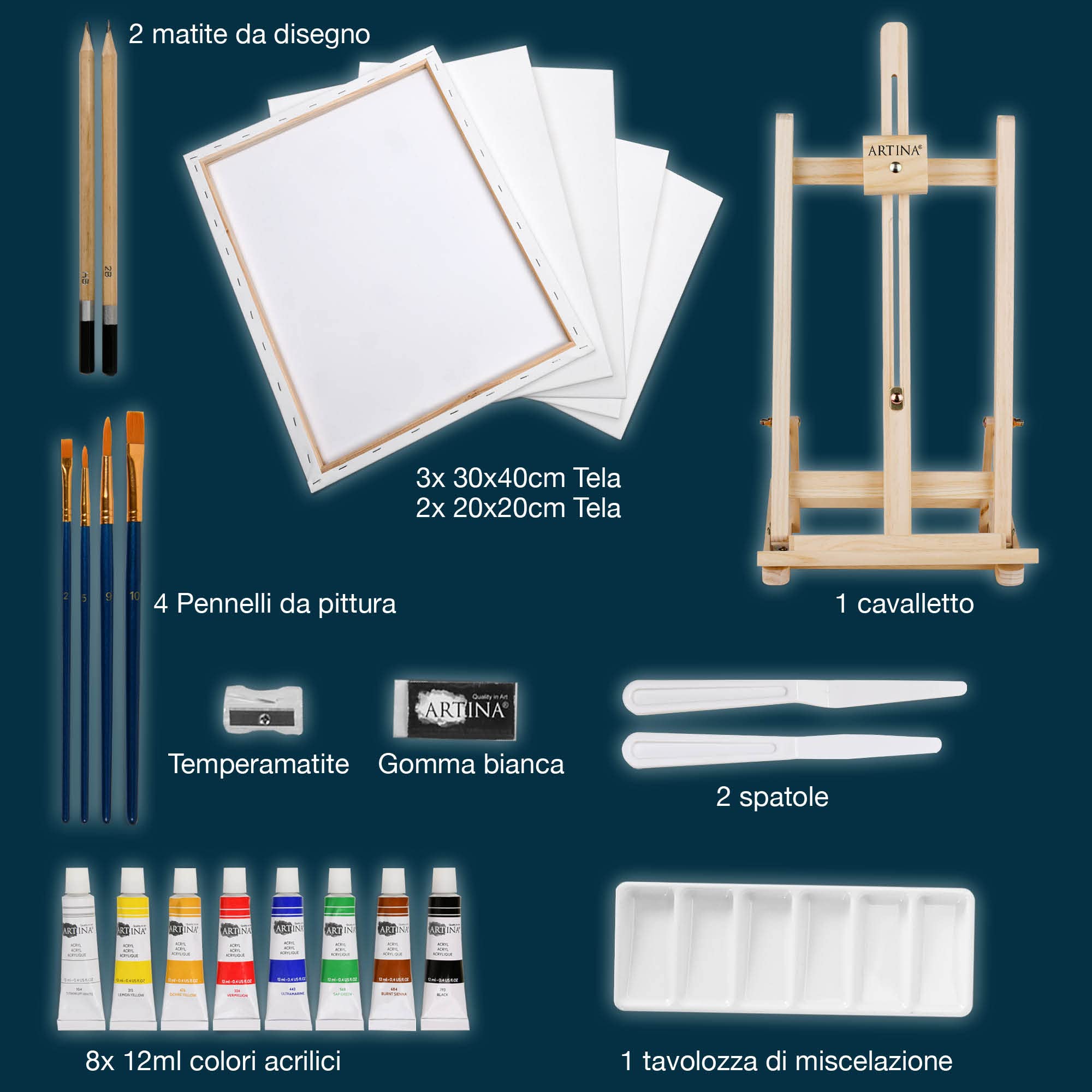 Artina 25 Pezzi Premium Set Pittura con Cavalletto da Tavolo in Legno FSC® – Tela, Set Colori Acrilici, Pennelli e Accessori – Kit Pittura Bambini e Adulti – Regalo di Natale Creativo – Lisbon