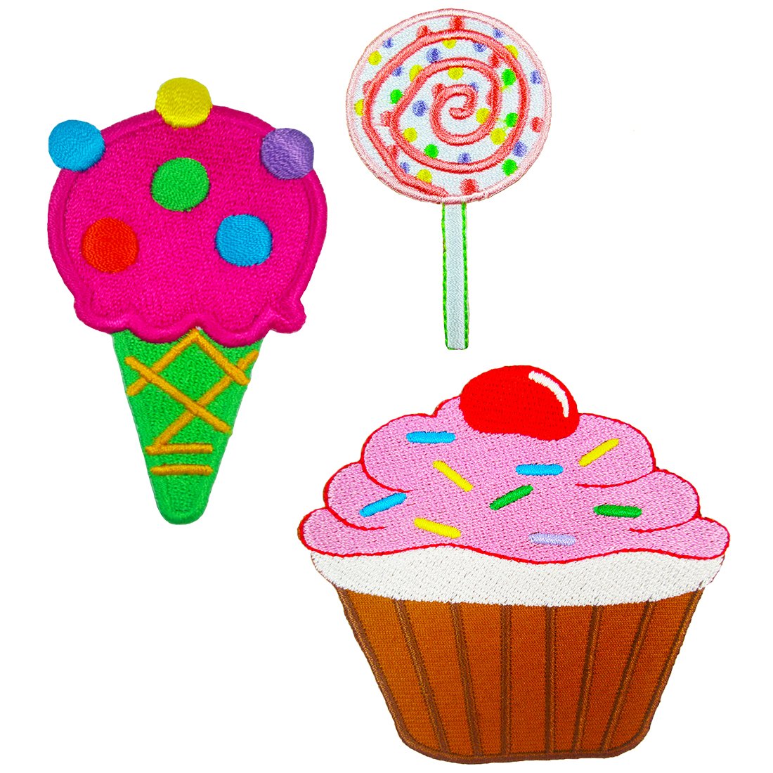 Cute Ice Cream Cone, Lollipop, Cup Cake Candy Set of 3 Iron on Embroidered Patches Super Saving Pack