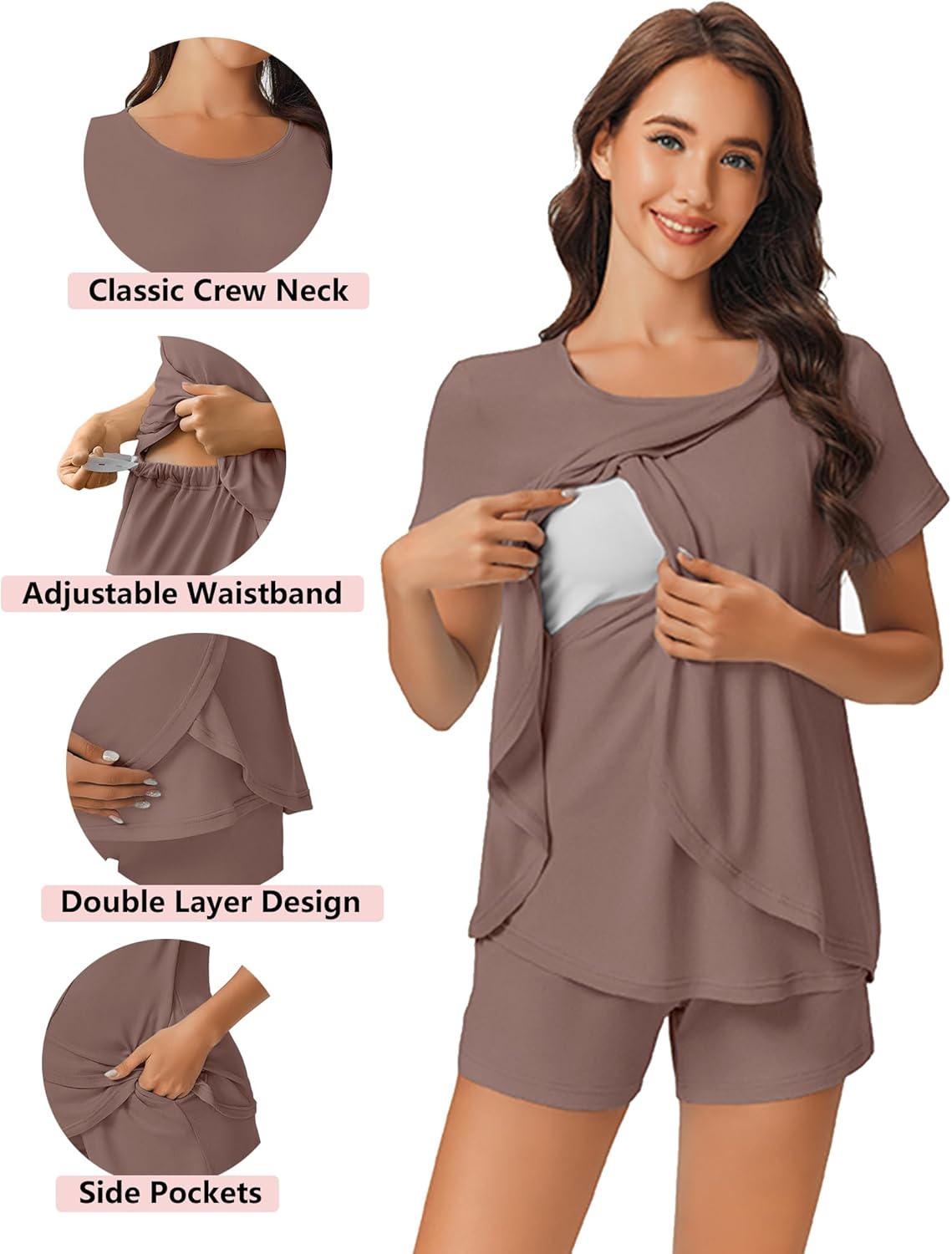 Ekouaer 3 PCS Maternity Nursing Pajamas Set Postpartum Breastfeeding Short Sleeve Shirts, Pregnancy Shorts & Pants Pjs S-XXL - Image 4