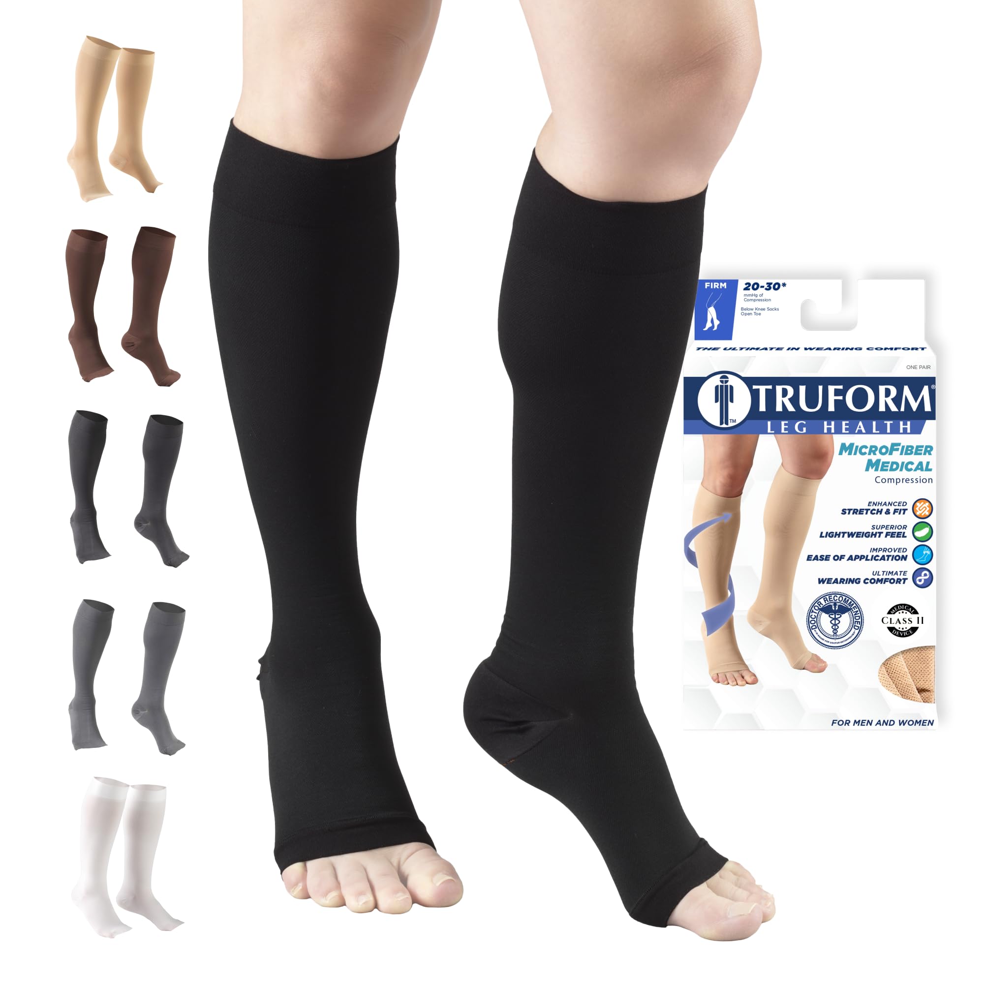 Truform Leg Health 20-30 mmHg Medical Compression Stockings for Men and Women,Open Toe, Black, Large