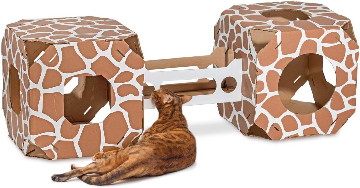 Catty Stacks Durable, Modular Cat House Cubes/Cat Condos, Made in USA (2-Pack (New! with Bridge), Giraffe Print)