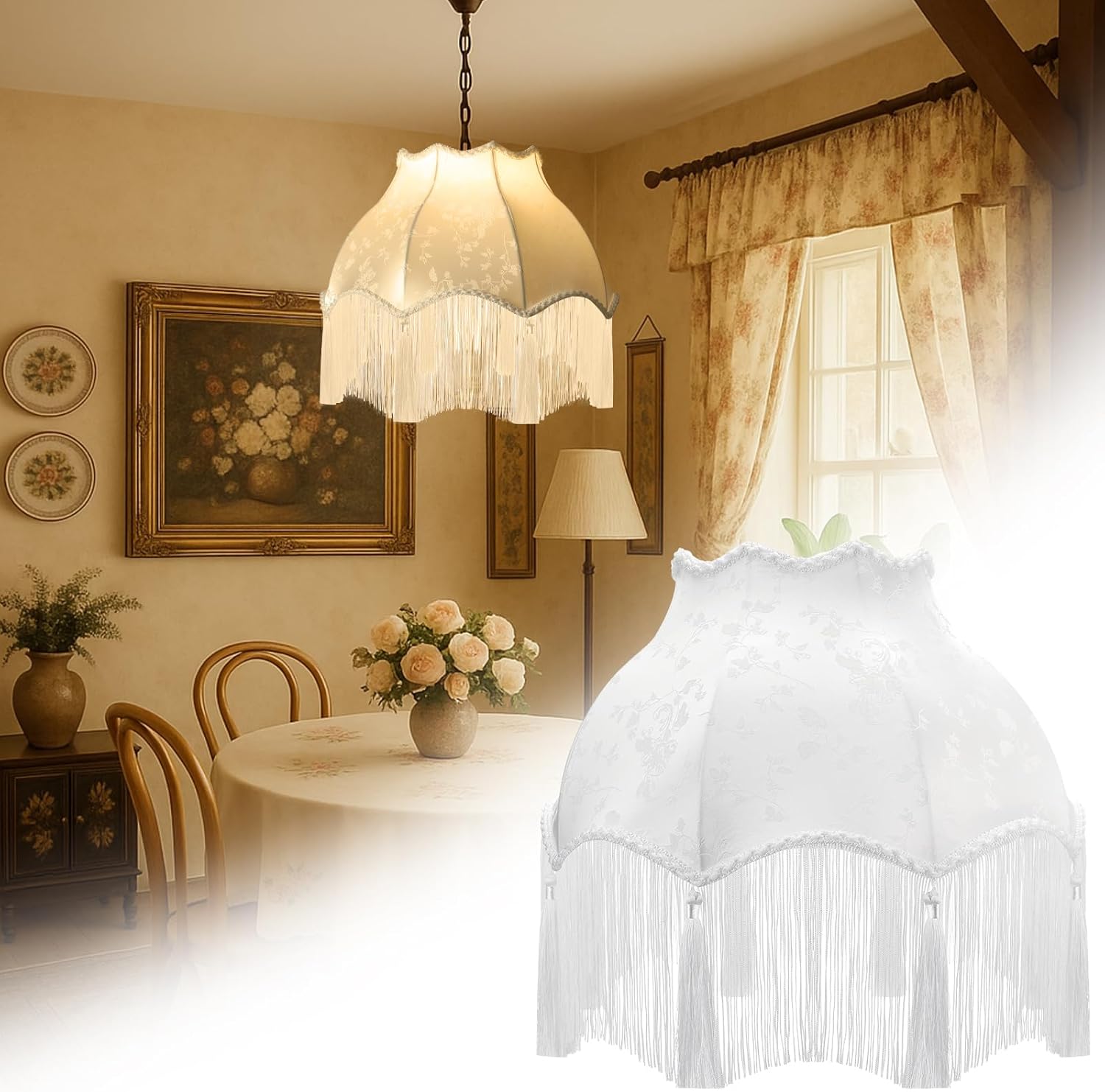 VIHOSE Victorian Scallop Lamp Shade Vintage Large 7.5" Top x 15.8" Bottom x 15 "High Replacement Lamp Shade with Tassels and Fringe Finial Fitting Bell Shape Scallop Fringe(Cream White)