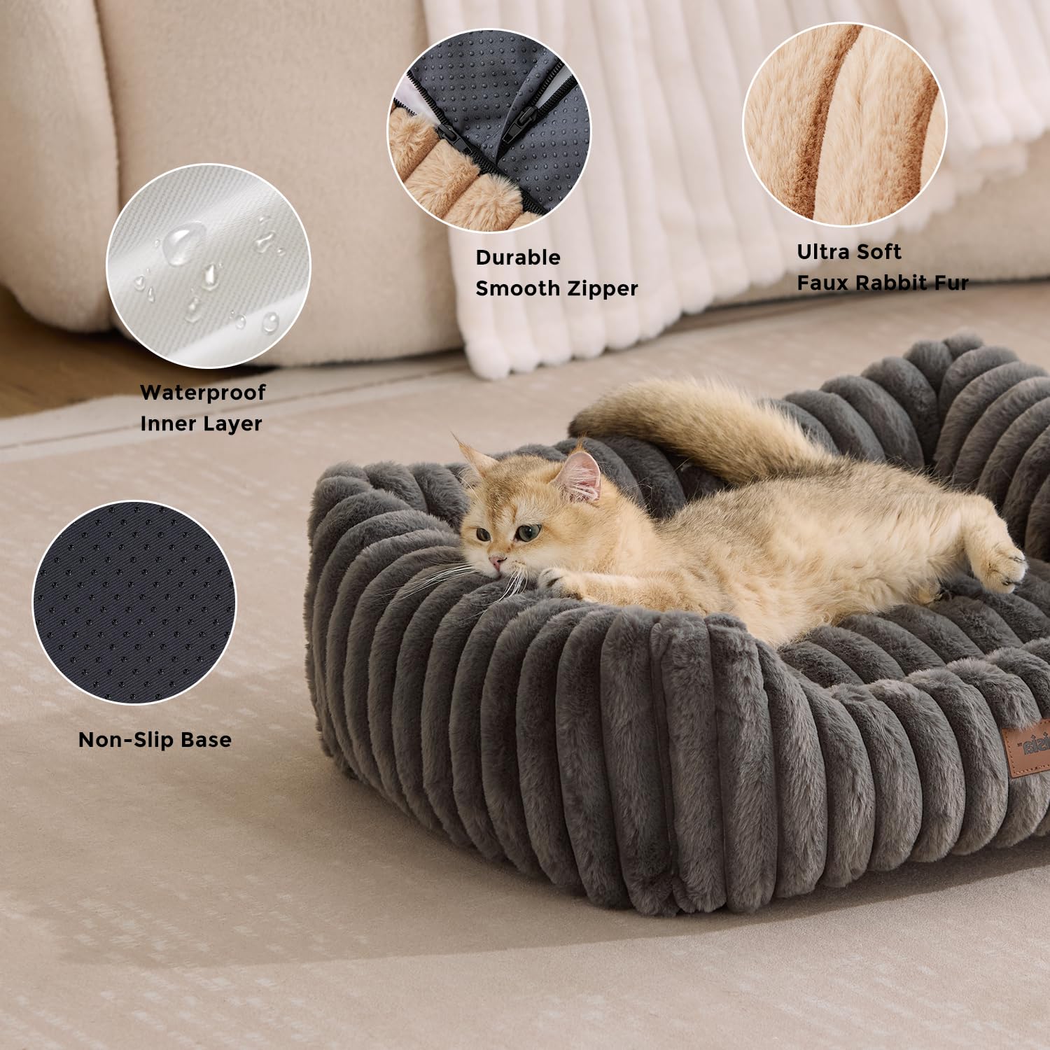 ZOMISIA Camas para perros pequeños, camas lavables para gatos de interior, cama ortopédica rectangular para cachorros con funda extraíble esponjosa, 20 x 19 x 7 pulgadas, color gris