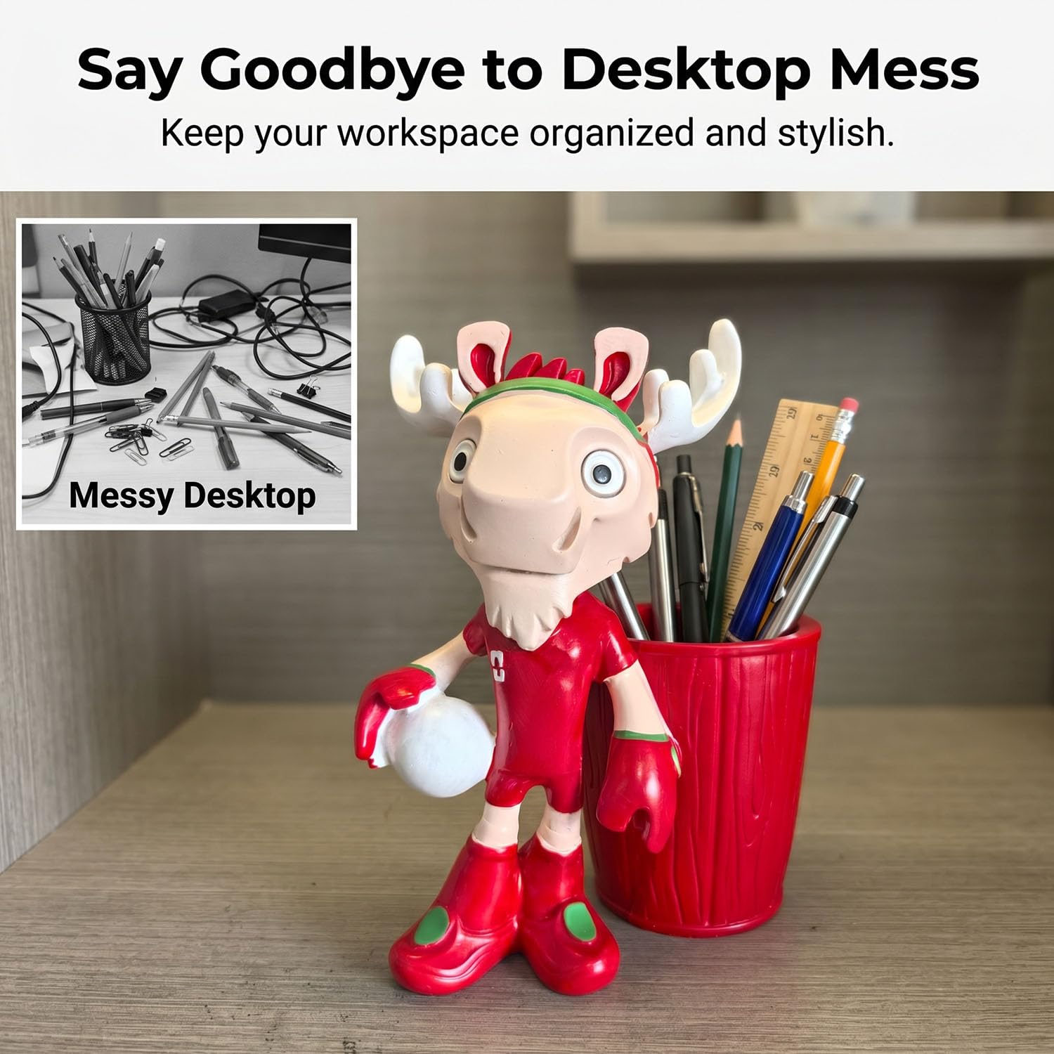 2026 World Cup Mascot Pen Holder Moose Maple, Kubek na Ołówki z Figurką Piłkarską z Żywicy, Organizer na Biurko, Dekoracja Biura, Prezent dla Dzieci i Uczniów
